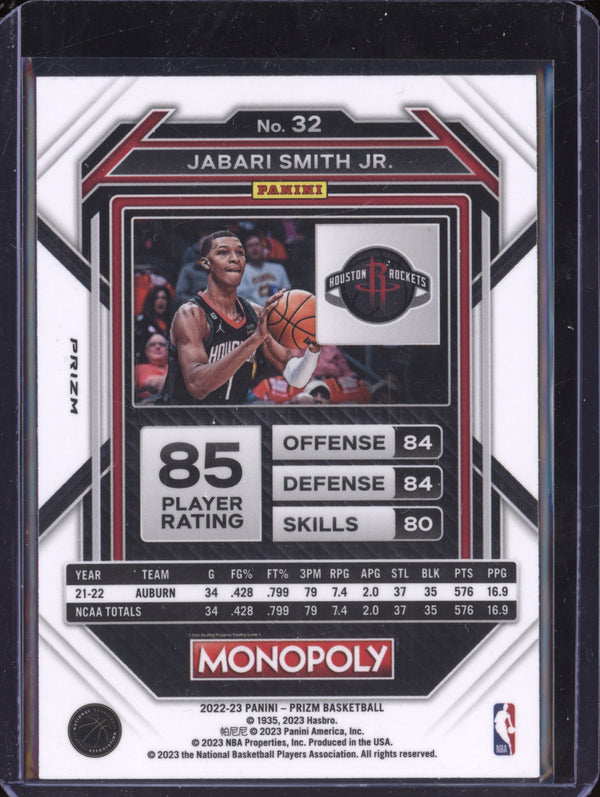 Jabari Smith Jr 2022-23 Panini Prizm Monopoly 32 Teal Wave RC