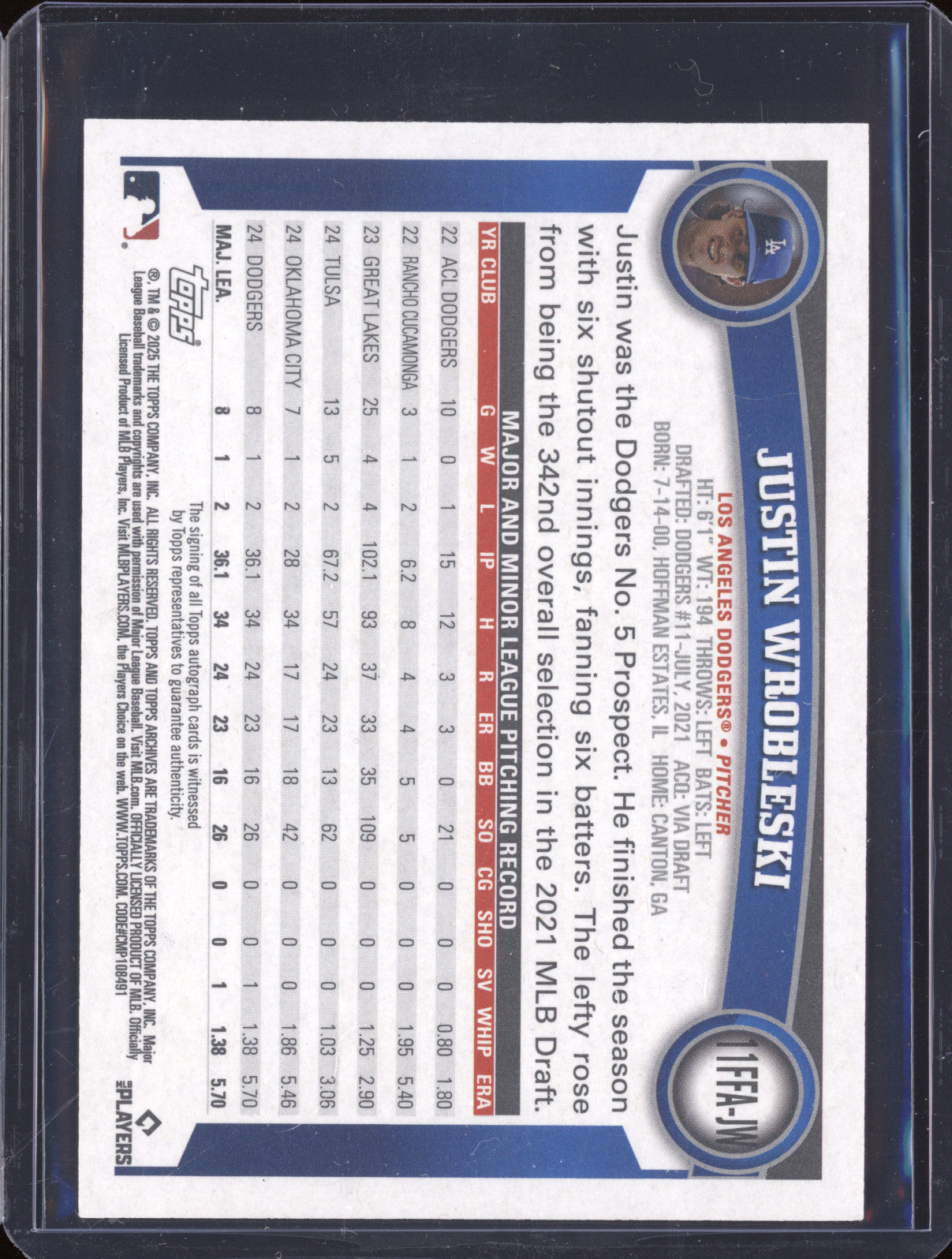 Justin Wrobleski 2025 Topps Archives 11FFA-JW Fan Favorites Autographs RC