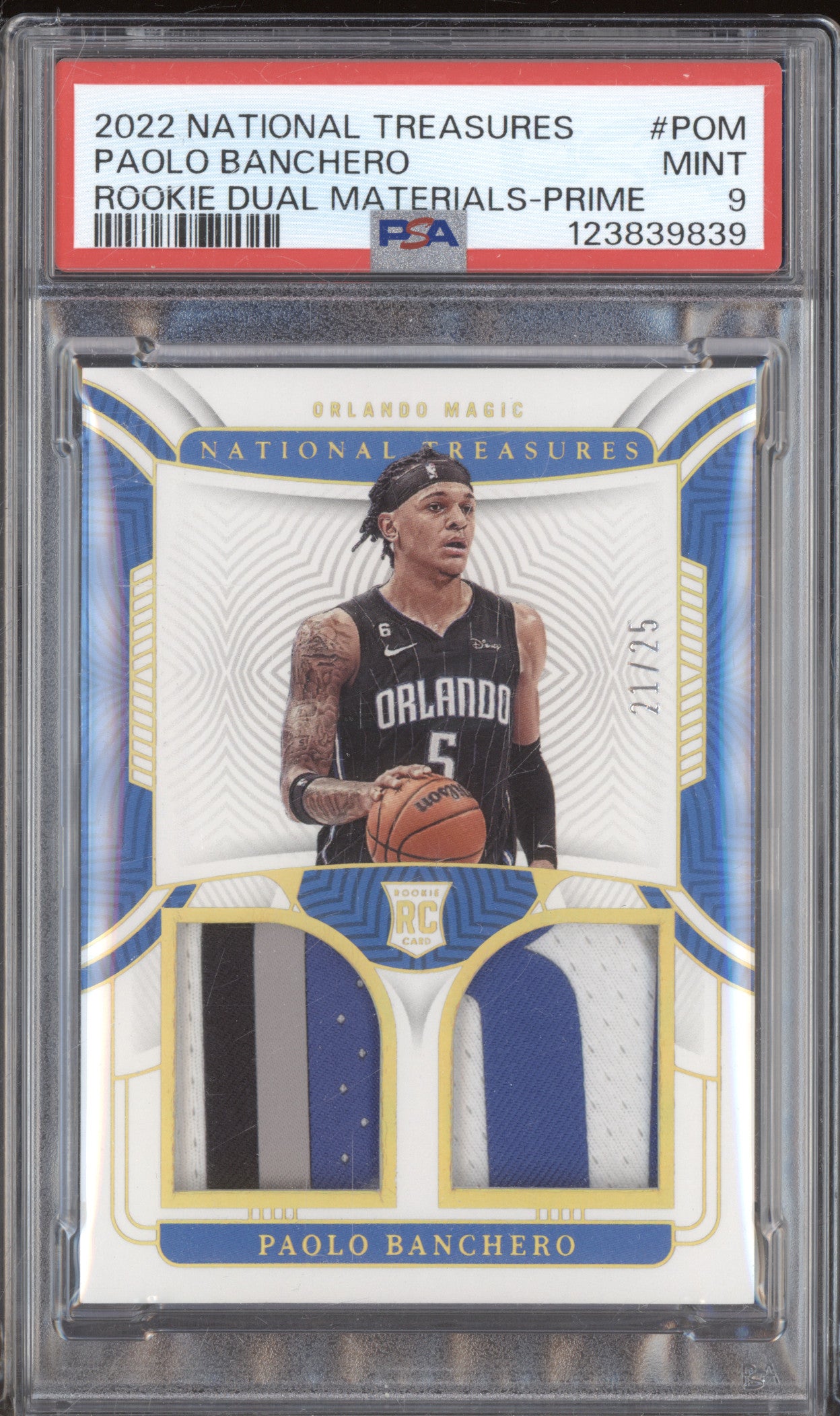 2022 National Treasures Rookie Dual Material Prime Paolo Banchero /25 PSA 9