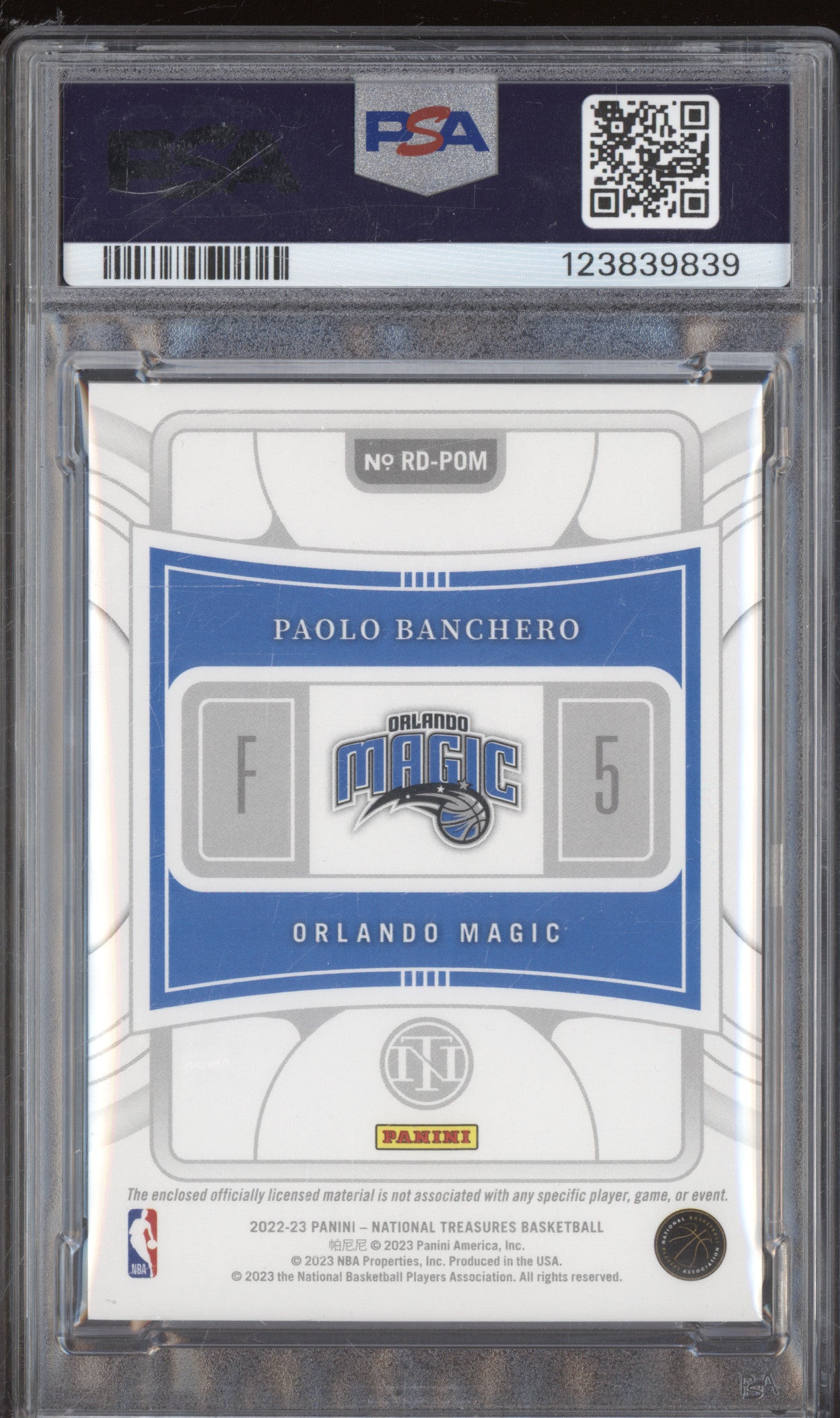 2022 National Treasures Rookie Dual Material Prime Paolo Banchero /25 PSA 9