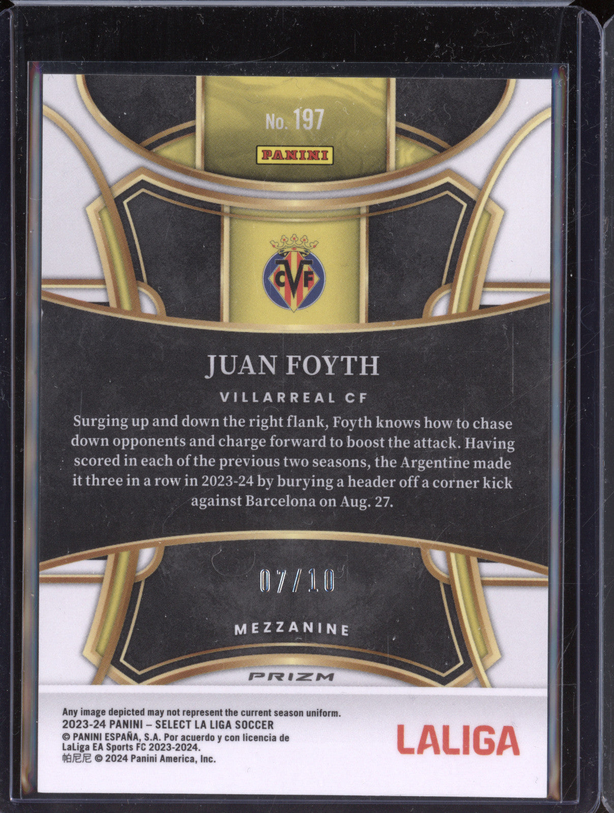 Juan Foyth 2023-24 Panini Select La Liga 197 Gold 7/10