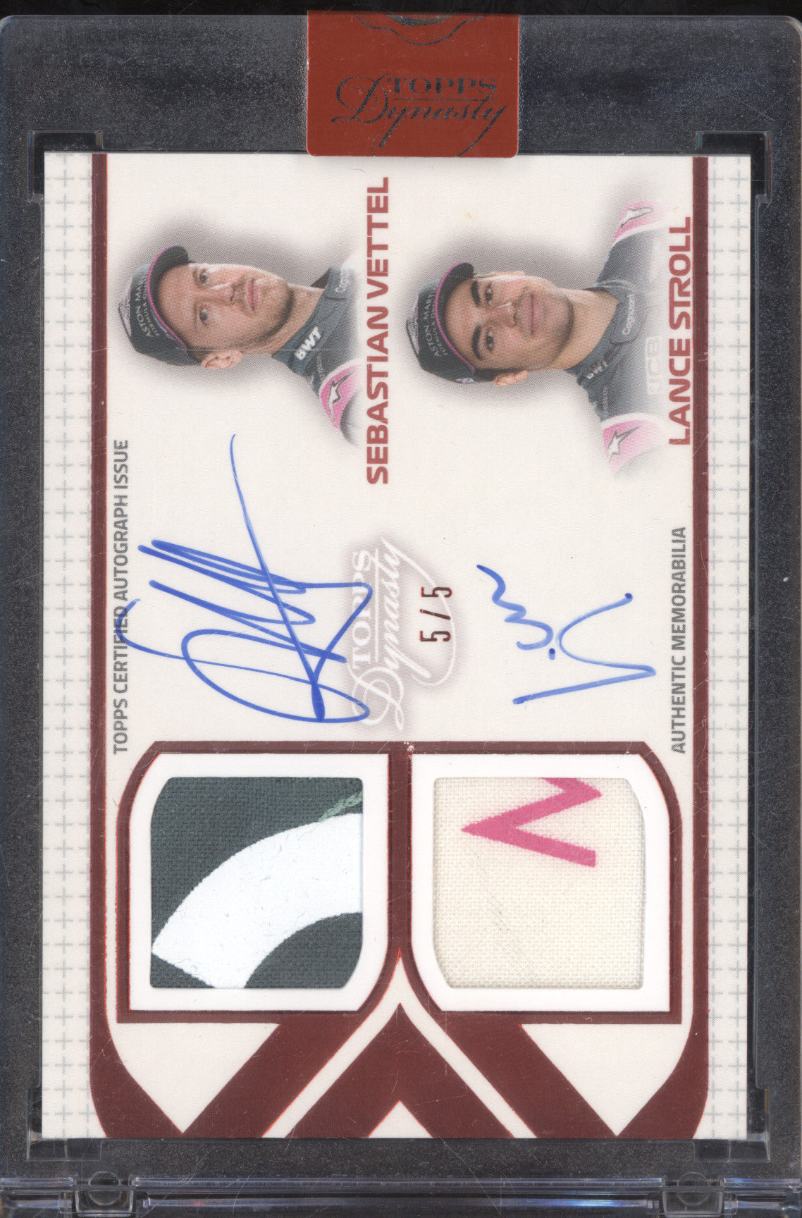 Vettel Stroll 2021 Topps Dynasty F1 CDAR-SV Team Dual Relic Auto Red 5/5