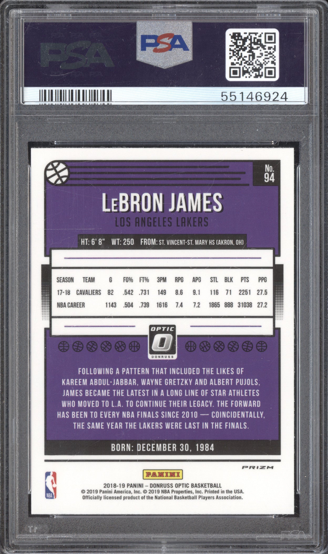LeBron James 2018-19 Panini Donruss Optic 94 Fast Break Holo PSA 10