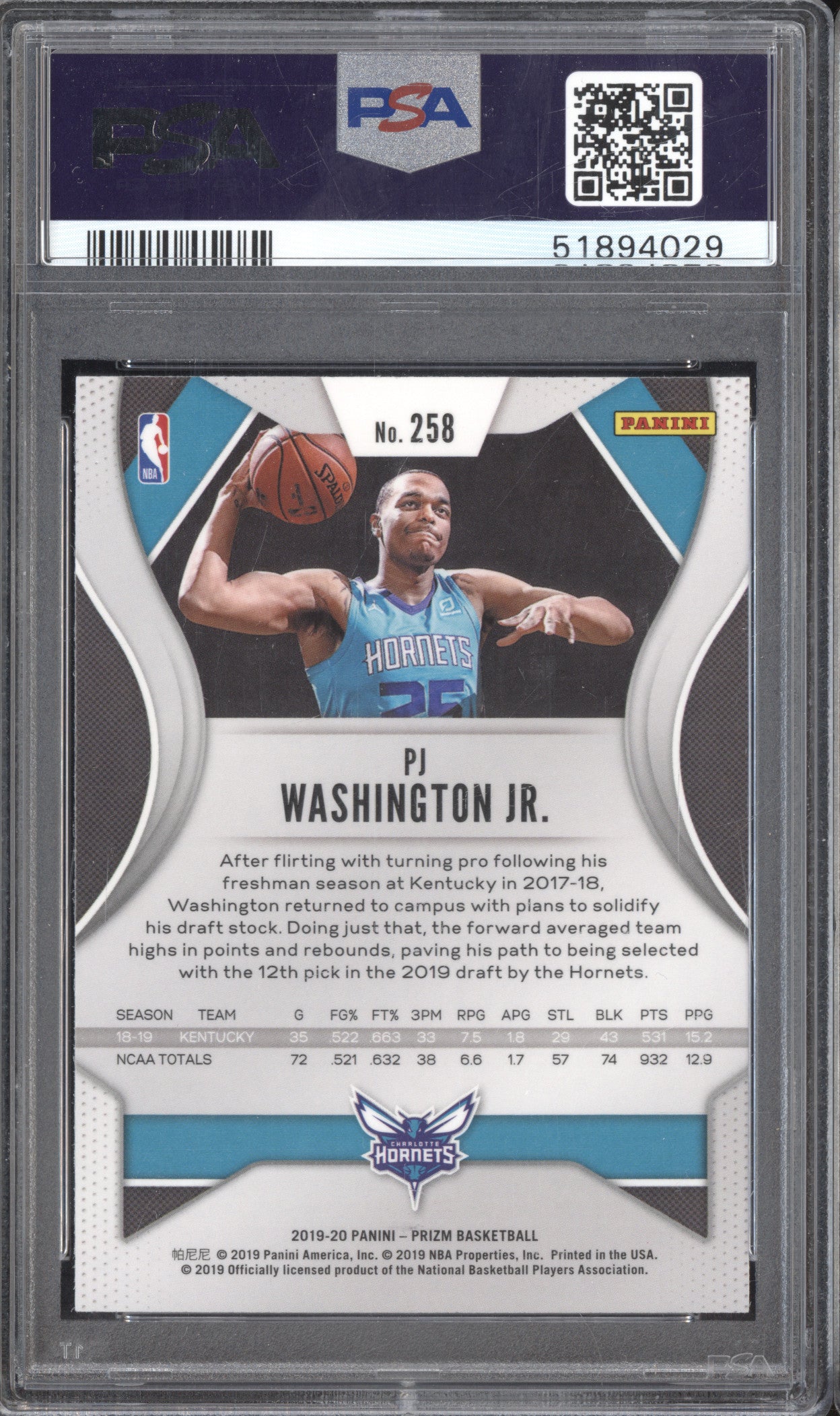 PJ Washington Jr 2019-20 Panini Prizm 258 RC PSA 10