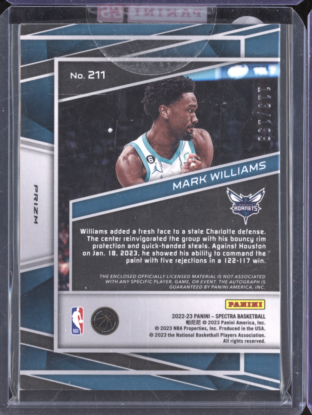 Mark Williams 2022-23 Panini Spectra 211 Rookie Patch Auto RC 113/199