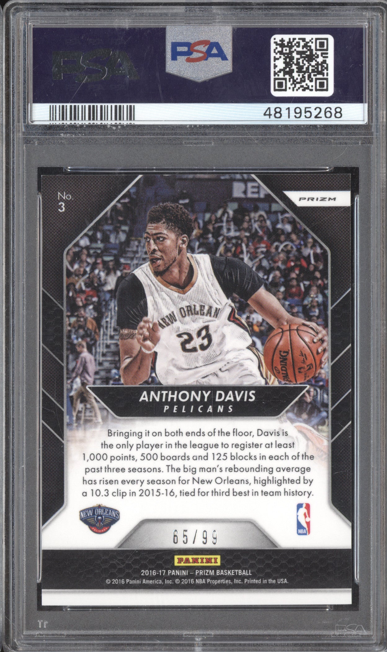 Anthony Davis 2016-17 Panini Prizm 3 Go Hard or Go Home Blue Wave 65/99 PSA 10