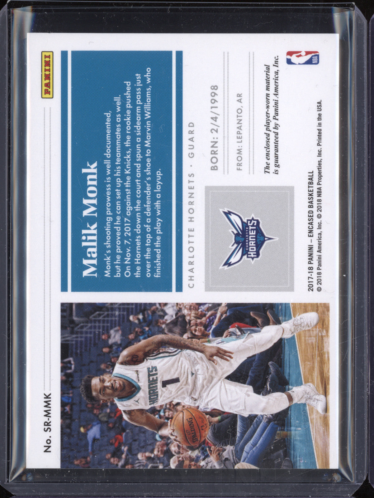 Malik Monk 2017-18 Panini Encased SR-MMK Substantial Swatches RC 17/99