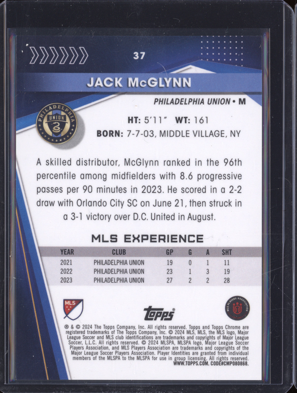 Jack McGlynn 2024 Topps Chrome MLS 37 Orange Refractor 9/25