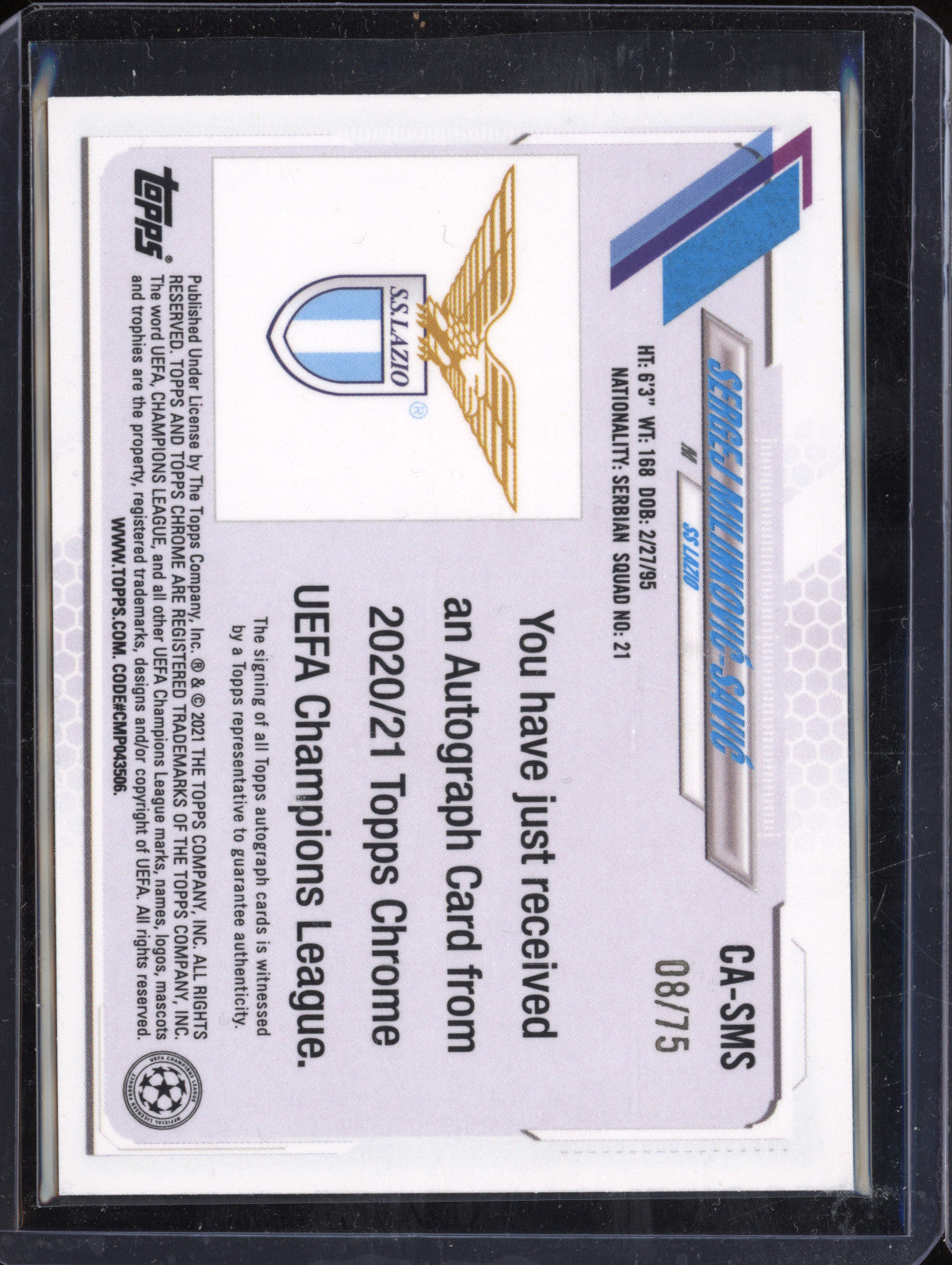 Sergej Milinkovic-Savic 2020-21 Topps Chrome CA-SMS Blue Wave Refractor Auto /75