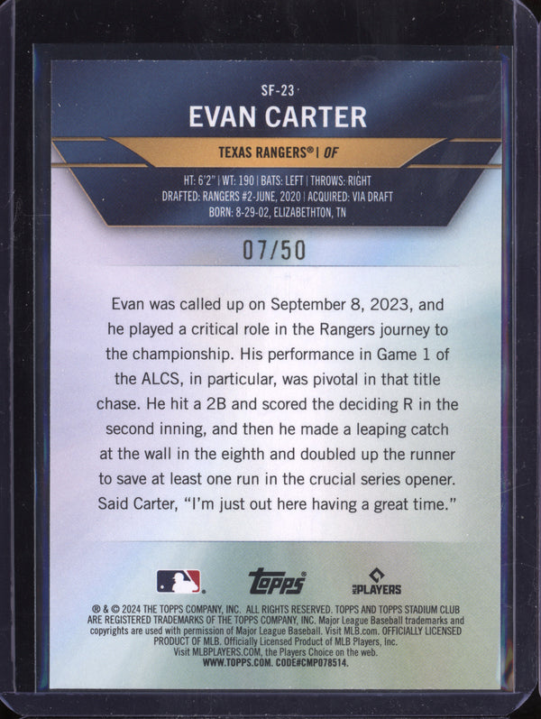 Evan Carter 2024 Topps Stadium Club SF-23 Special Forces Green RC