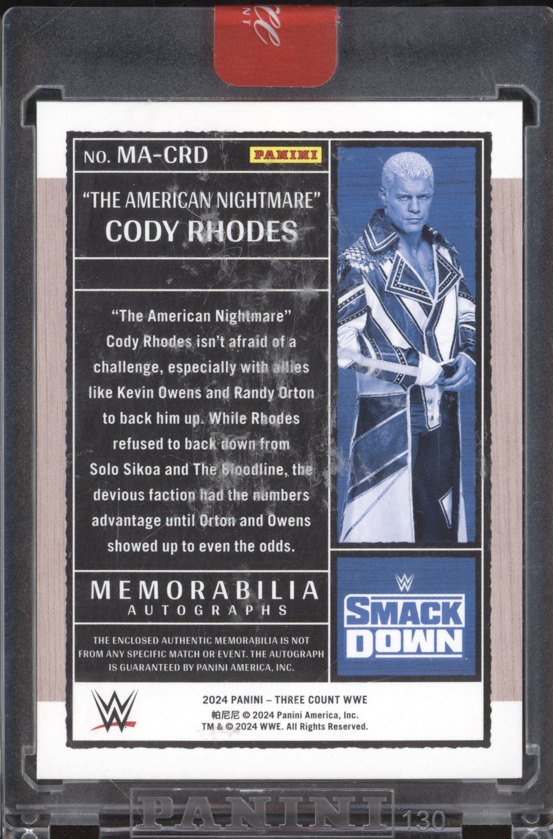 Cody Rhodes 2024 Panini Three Count MA-CRD Memorabilia Auto Red 10/15