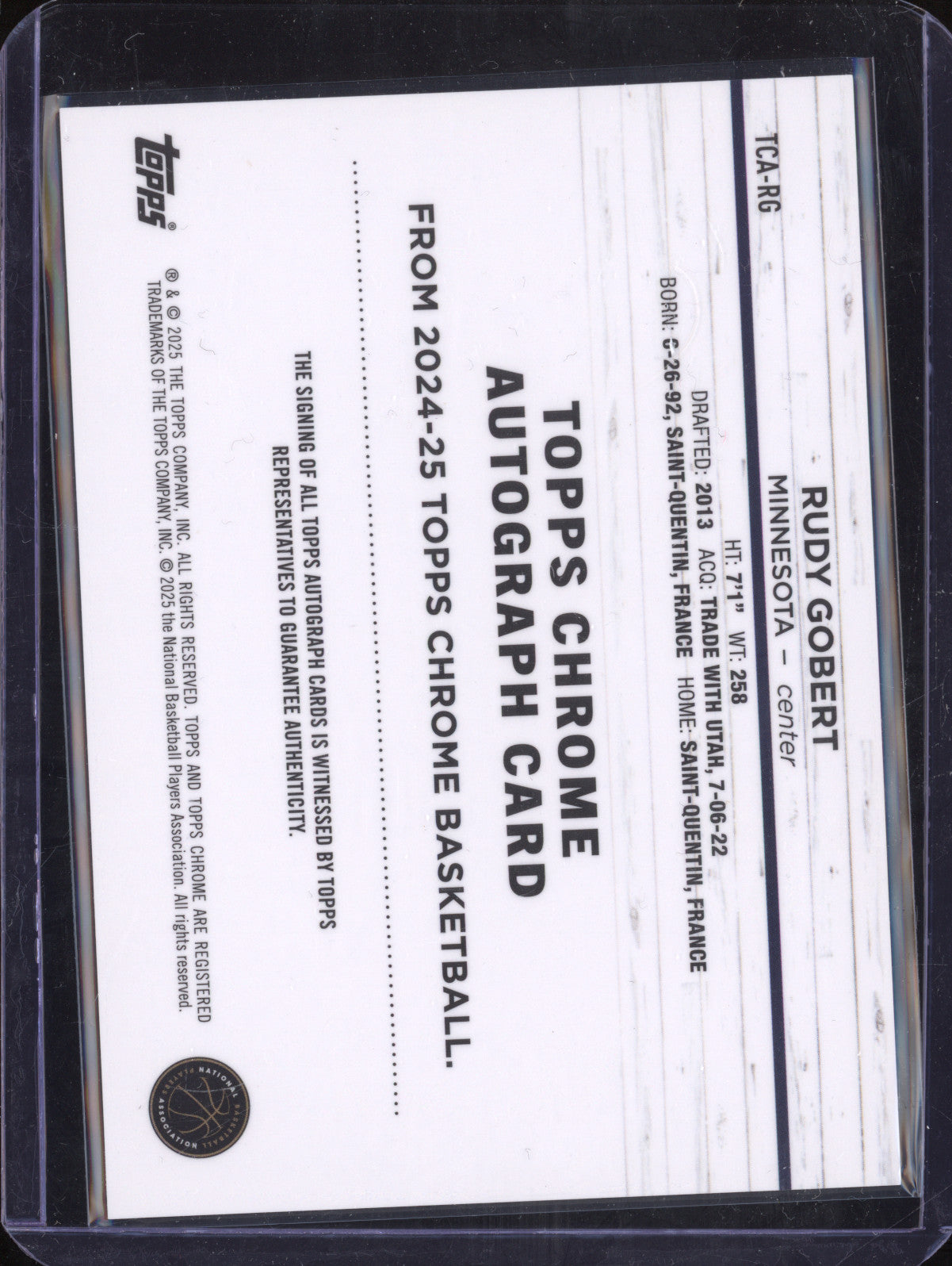 Rudy Gobert 2024-25 Topps Chrome TCA-RG Chrome Auto Black Refractor 4/10