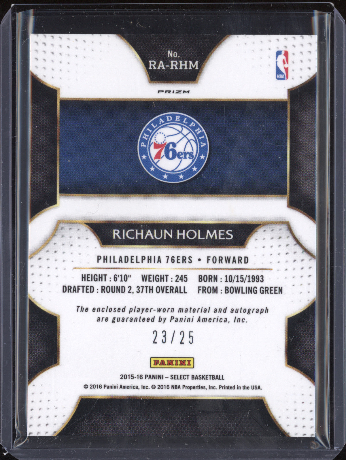 Richaun Holmes 2015-16 Panini Select RA-RHM Rookie Auto Materials Tie-Dye RC /25