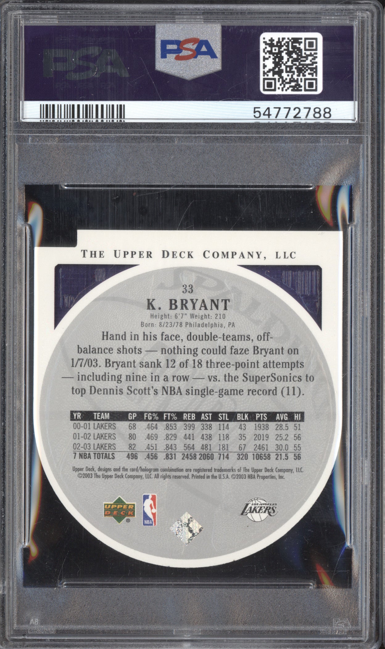 Kobe Bryant 2003-04 Upper Deck Standing O! 33 Die-Cut Embossed PSA 10