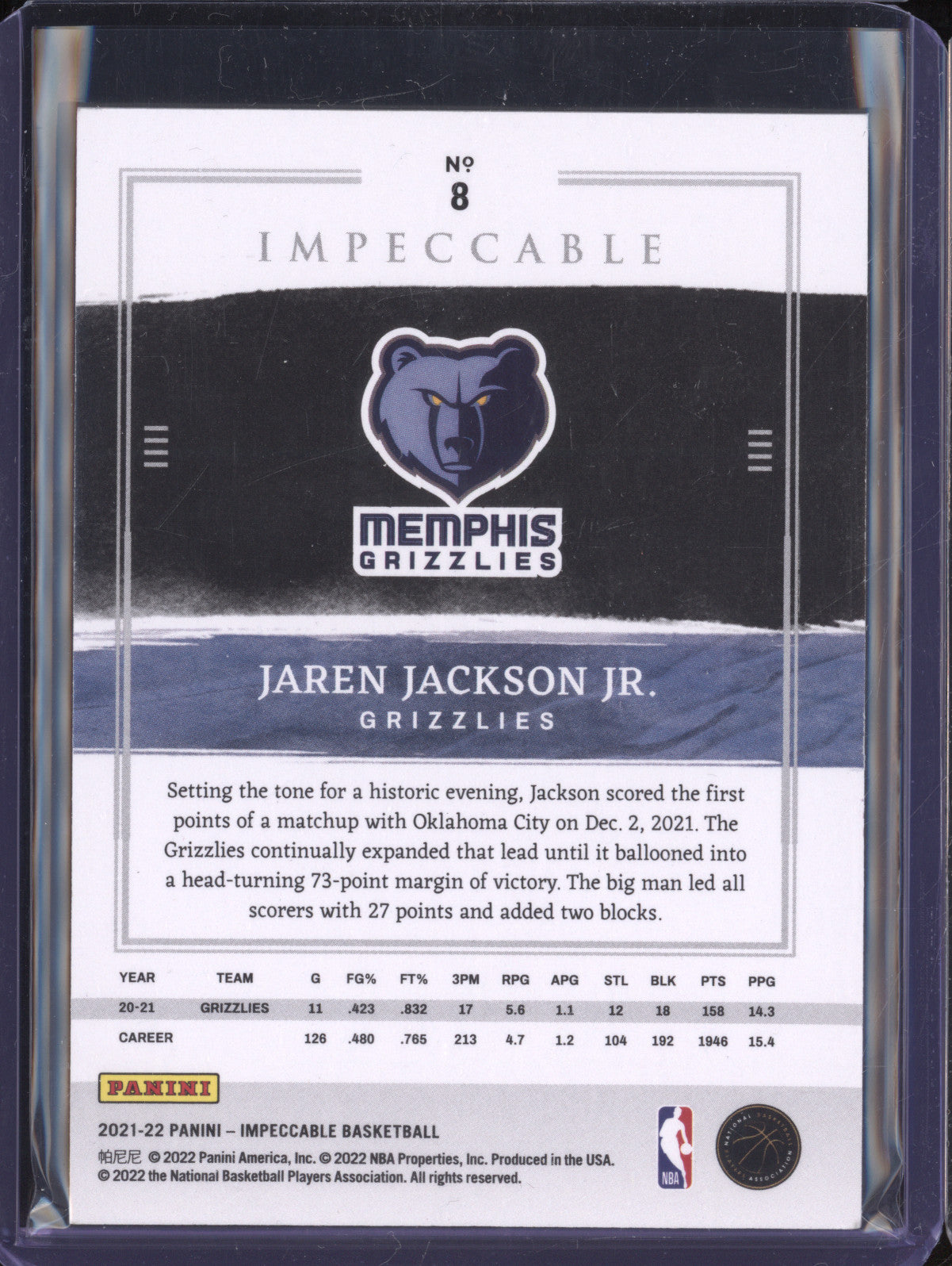 Jaren Jackson Jr 2021-22 Panini Impeccable 8 Gold 3/10