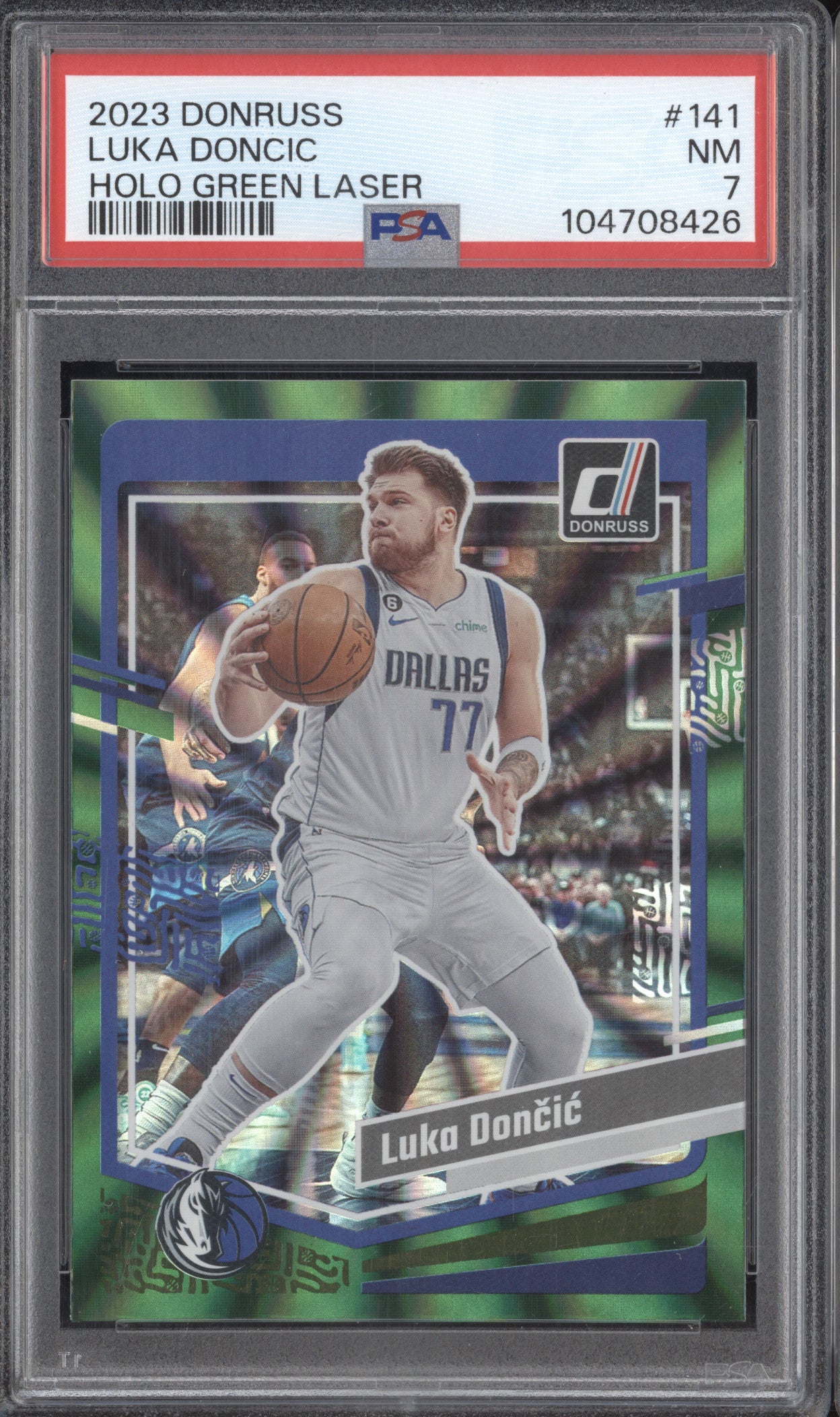 Luka Doncic 2023-24 Panini Donruss 141 Holo Green Laser PSA 7