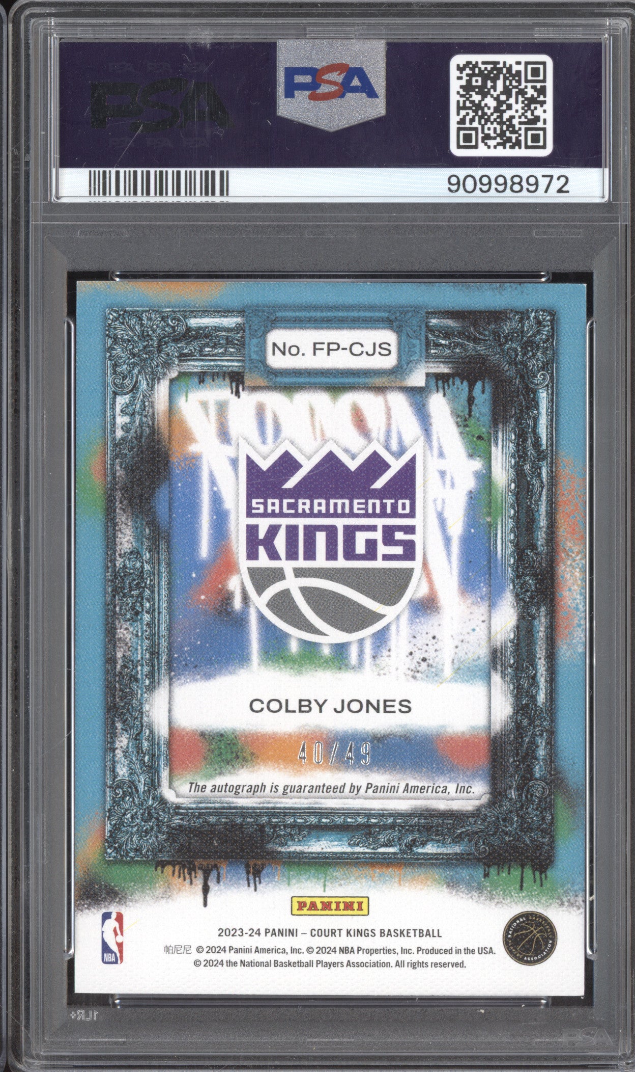 Colby Jones 2023 Panini Court Kings FP-CJS Fresh Paint Auto Violet RC /49 PSA 9