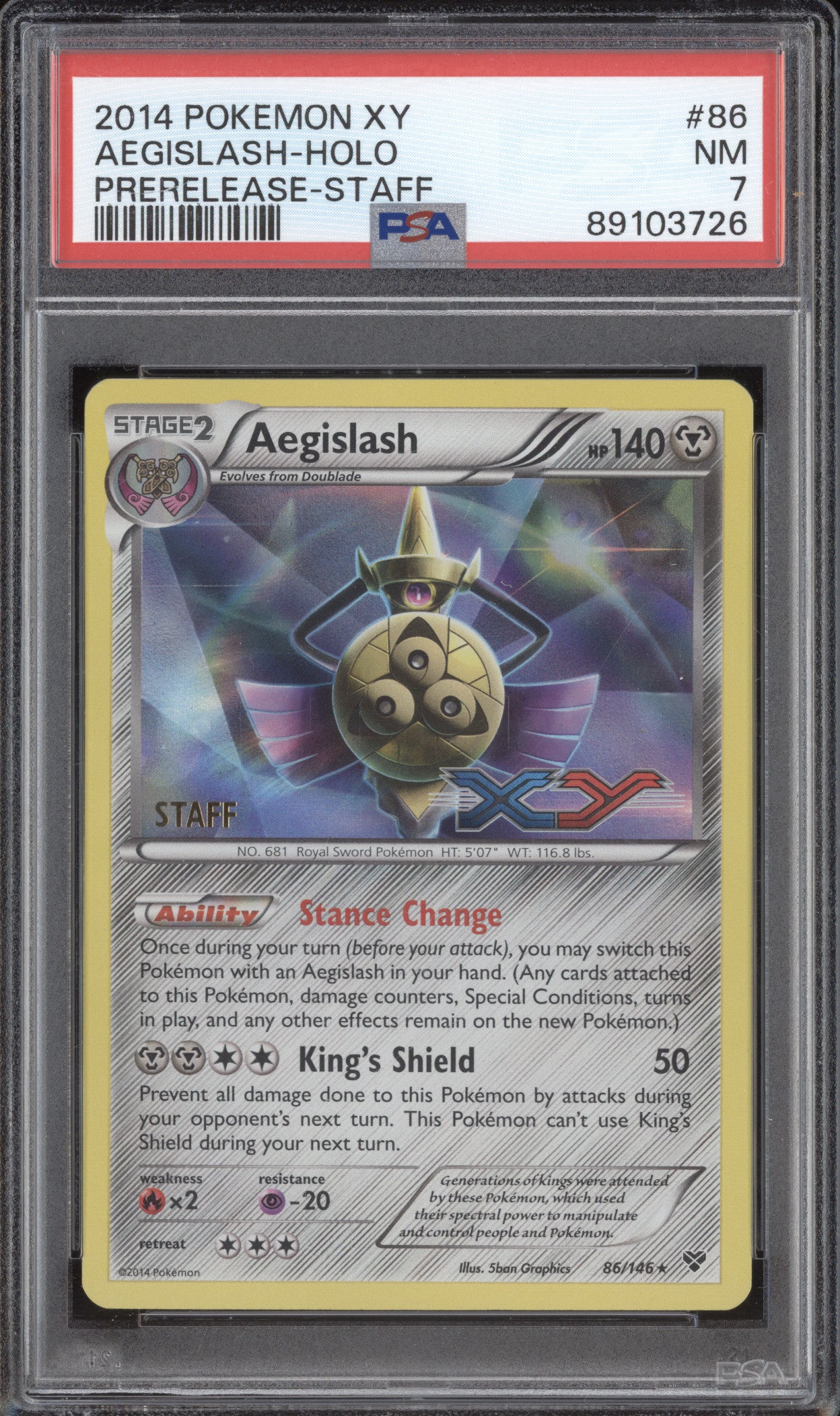 Aegislash Holo 2014 Pokemon XY 86/146 Prerelease Staff PSA 7