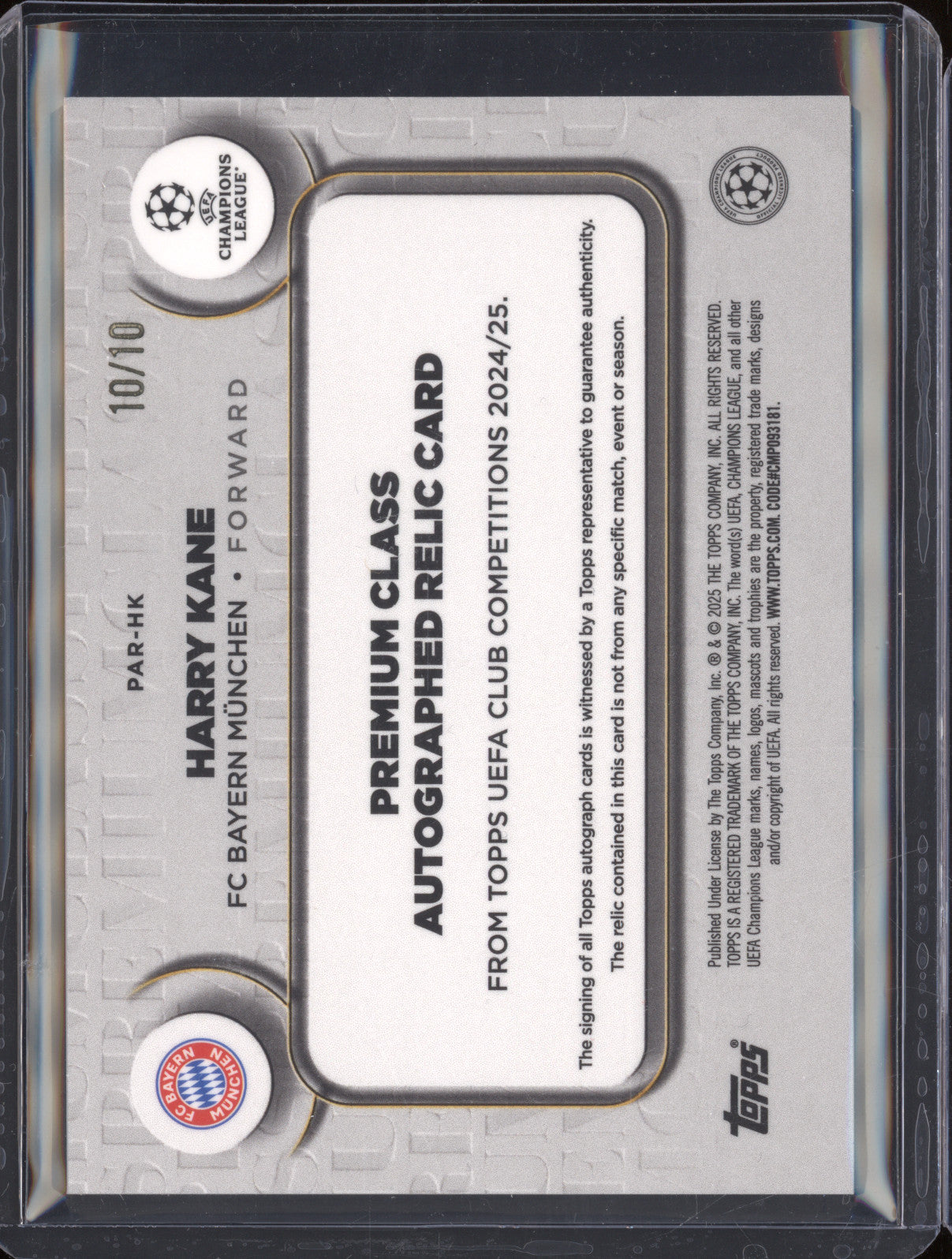 Harry Kane 2025 Topps UEFA Club Competitions PAR-HK Premium Class Auto Relic /10