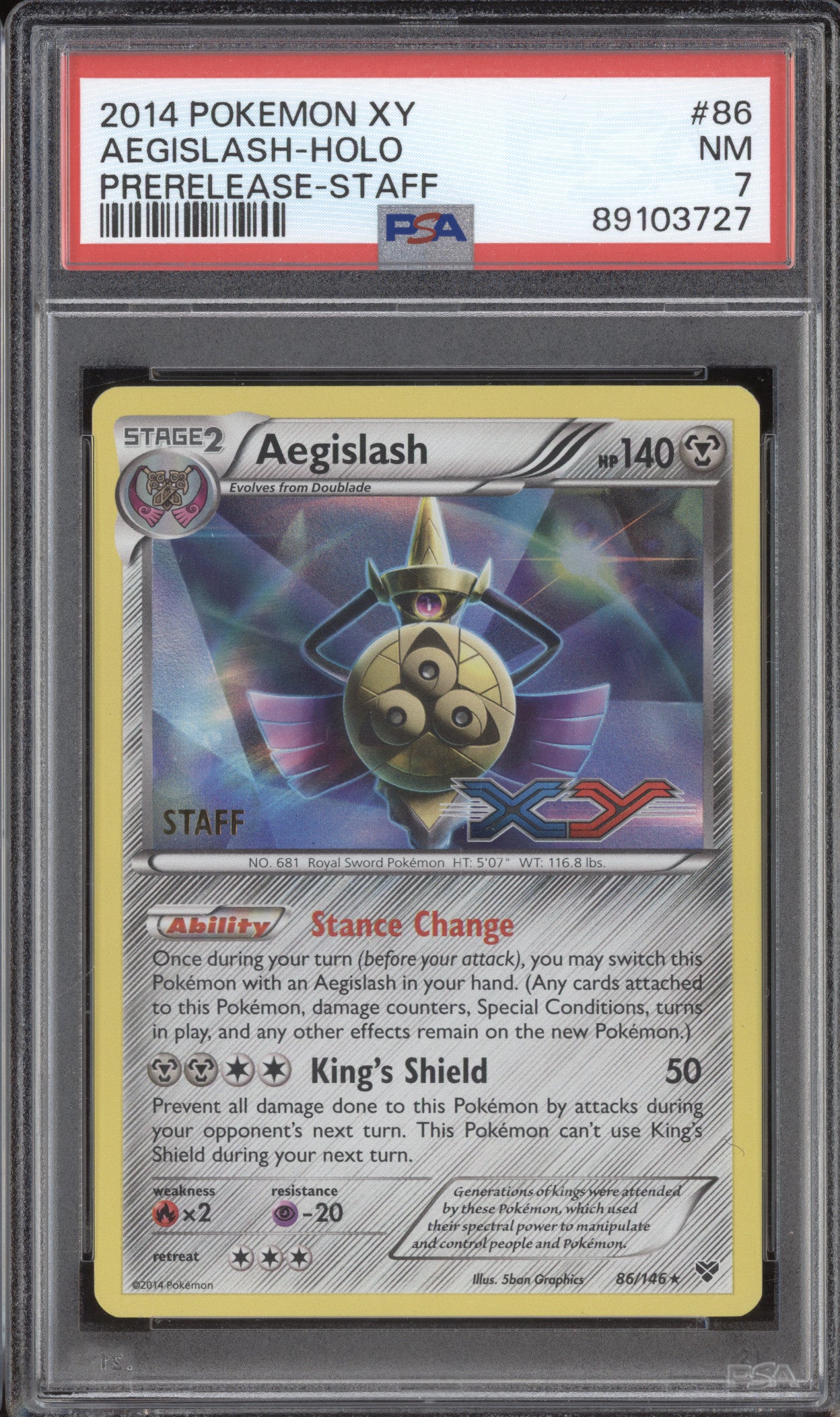 Aegislash Holo 2014 Pokemon XY 86/146 Prerelease Staff PSA 7