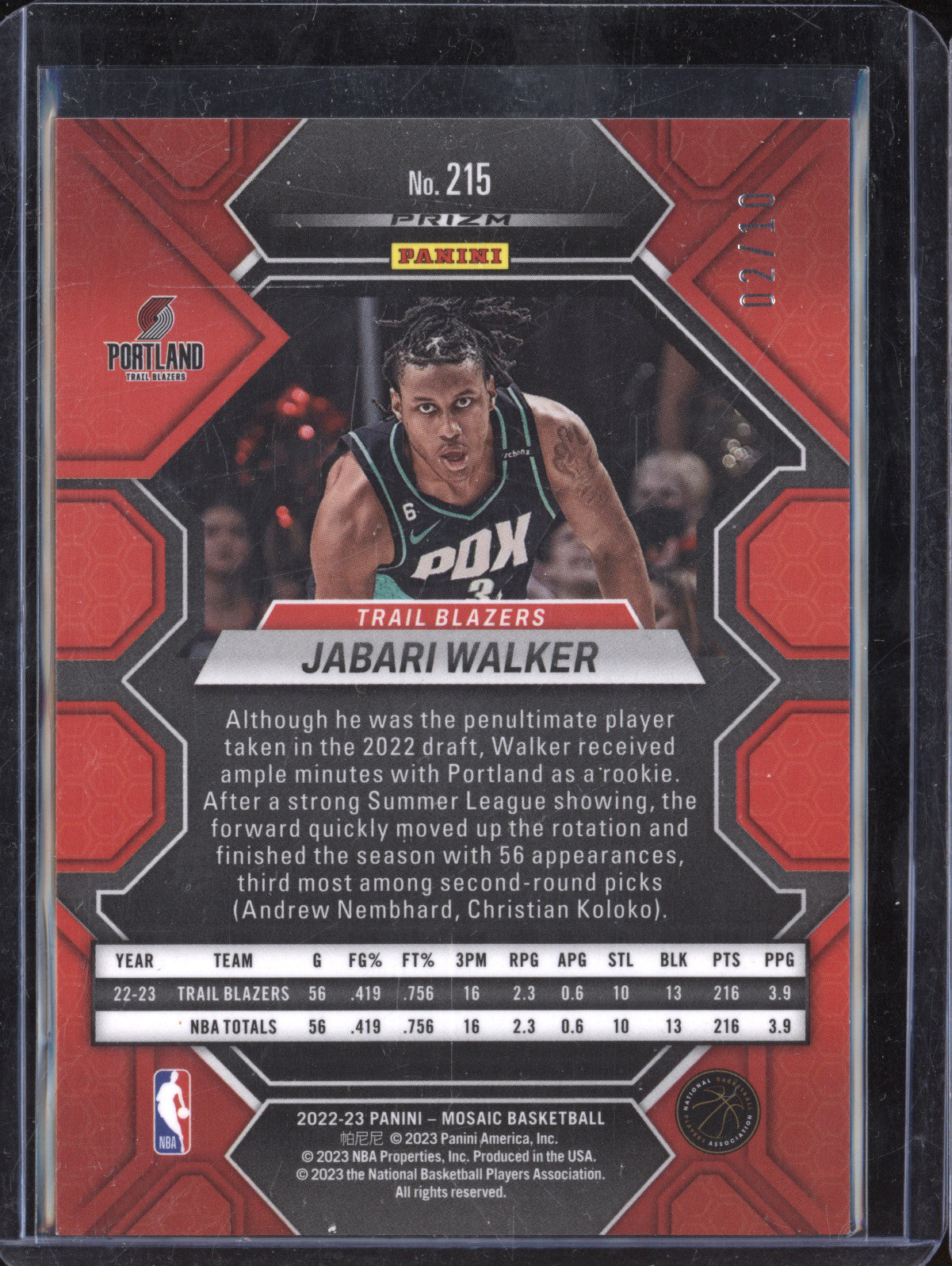 Jabari Walker 2022-23 Panini Mosaic 215 Gold Wave RC 2/10