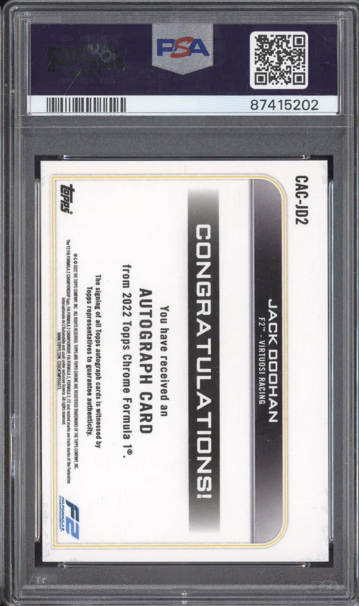 Jack Doohan 2022 Topps Chrome CAC-JD2 Autograph PSA 9