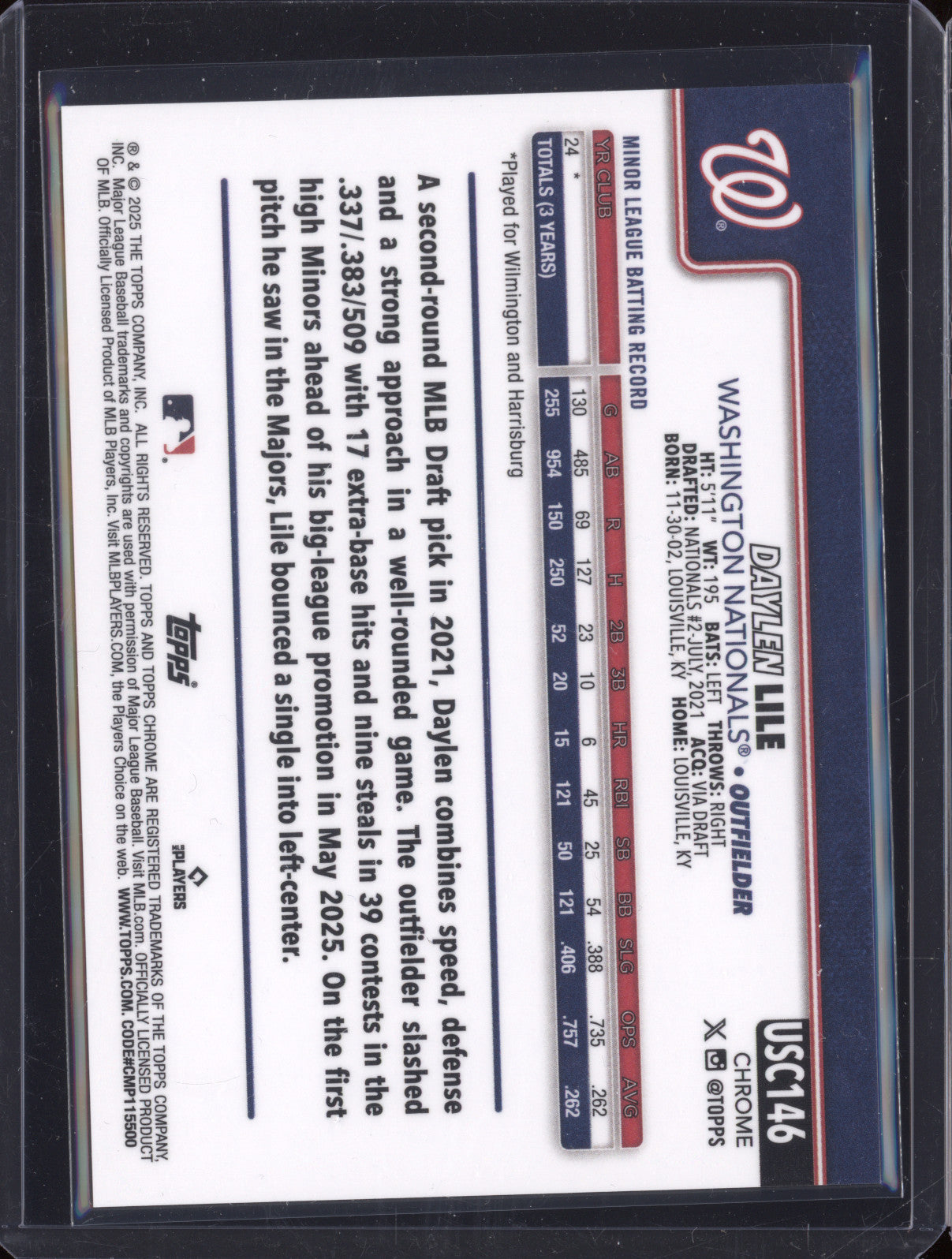 Daylen Lile 2025 Topps Chrome Update USC146 Gold RC /50