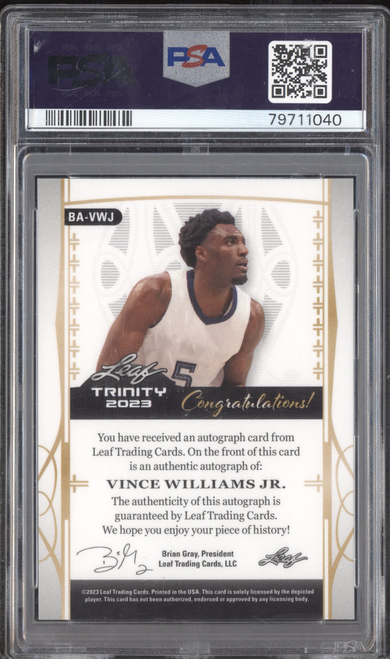 Vince Williams Jr 2022-23 Leaf Trinity BA-VWJ Autograph Holo Silver RC /15 PSA 9