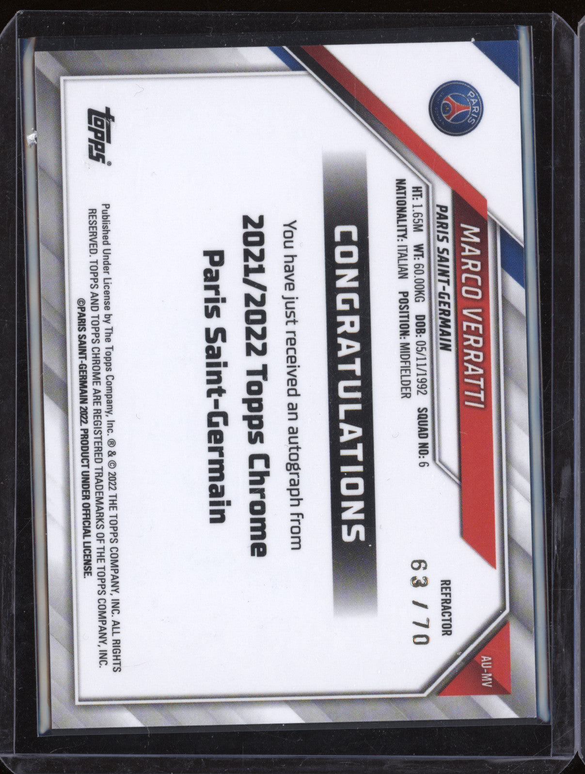Marco Verratti 2021-22 Topps Chrome Paris Saint-Germain AU-MV Auto Refractor /70