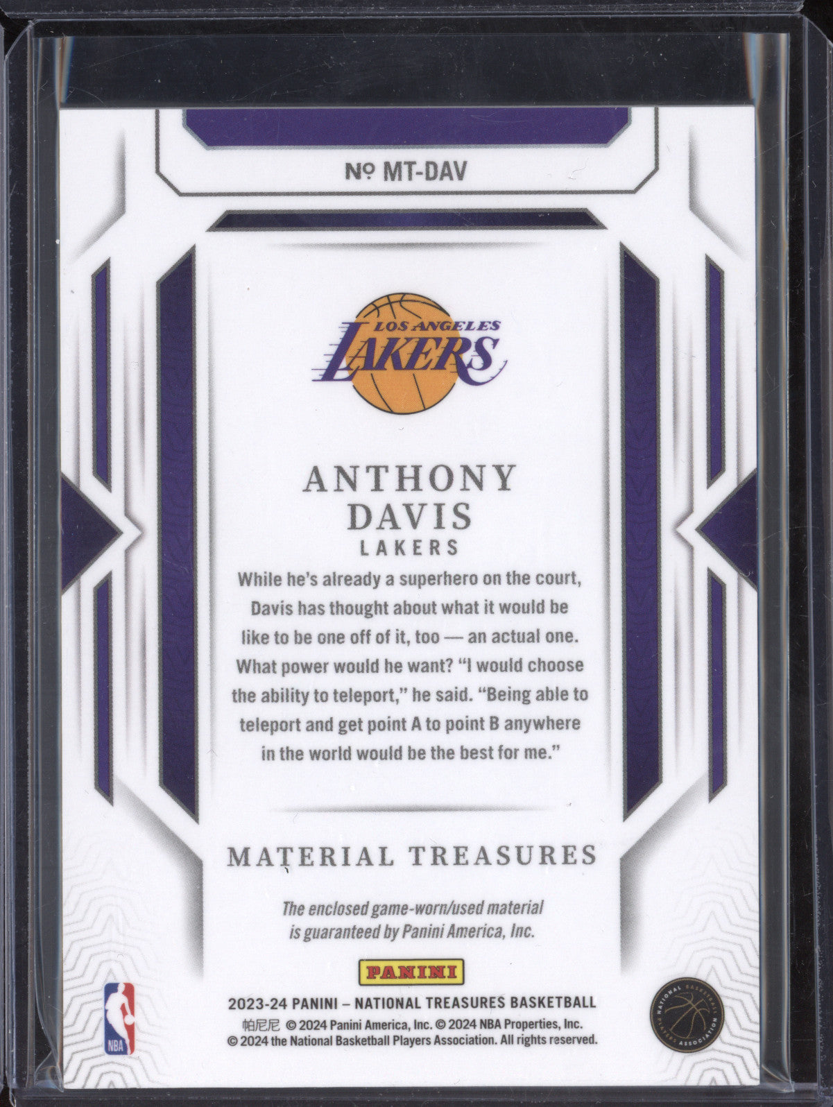 Anthony Davis 2023-24 Panini NT MT-DAV Material Treasures 76/99
