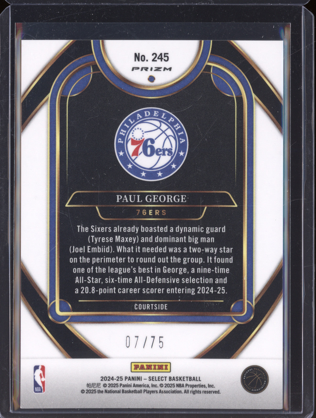 Paul George 2024-25 Panini Select 245 Blue Wave Prizm 07/75