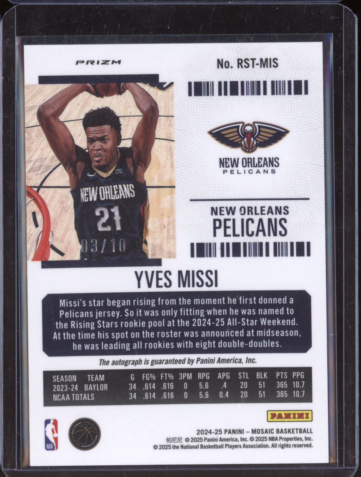 Yves Missi 2024-25 Panini Mosaic RST-MIS Gold Mosaic RC 3/10