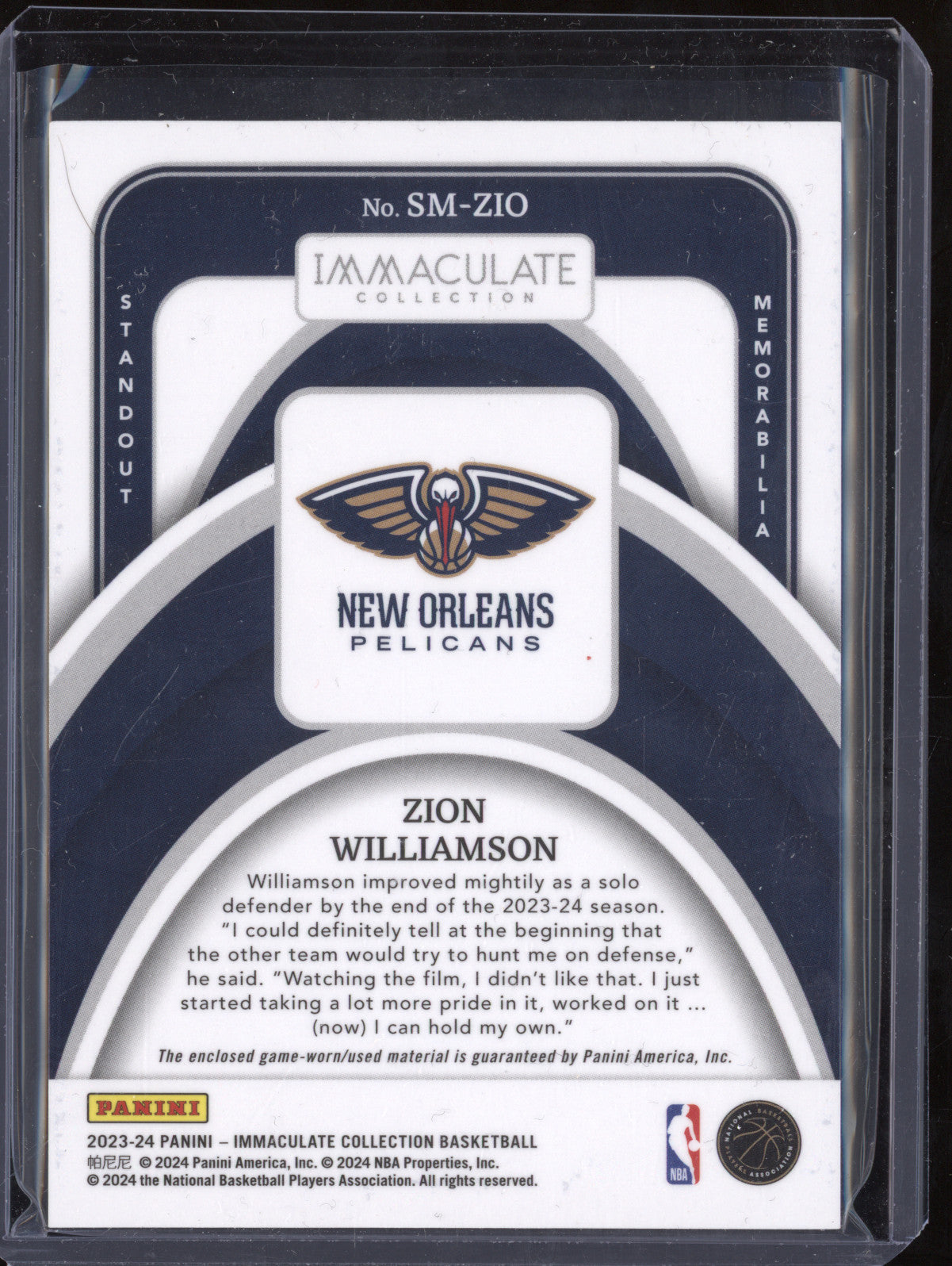 Zion Williamson 2023-24 Panini Immaculate SM-ZIO Standout Memorabilia 11/99