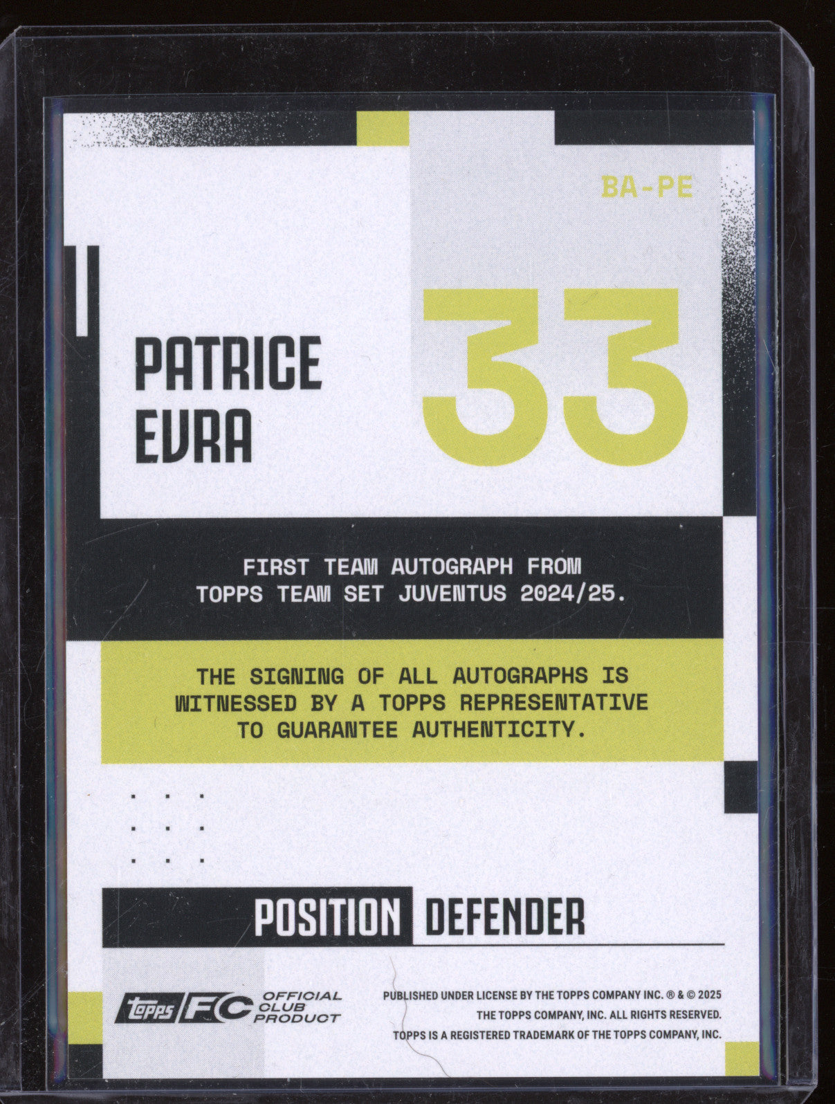 Patrice Evra 2024-25 Topps Team Set Juventus FC BA-PE Autograph Pink 31/99