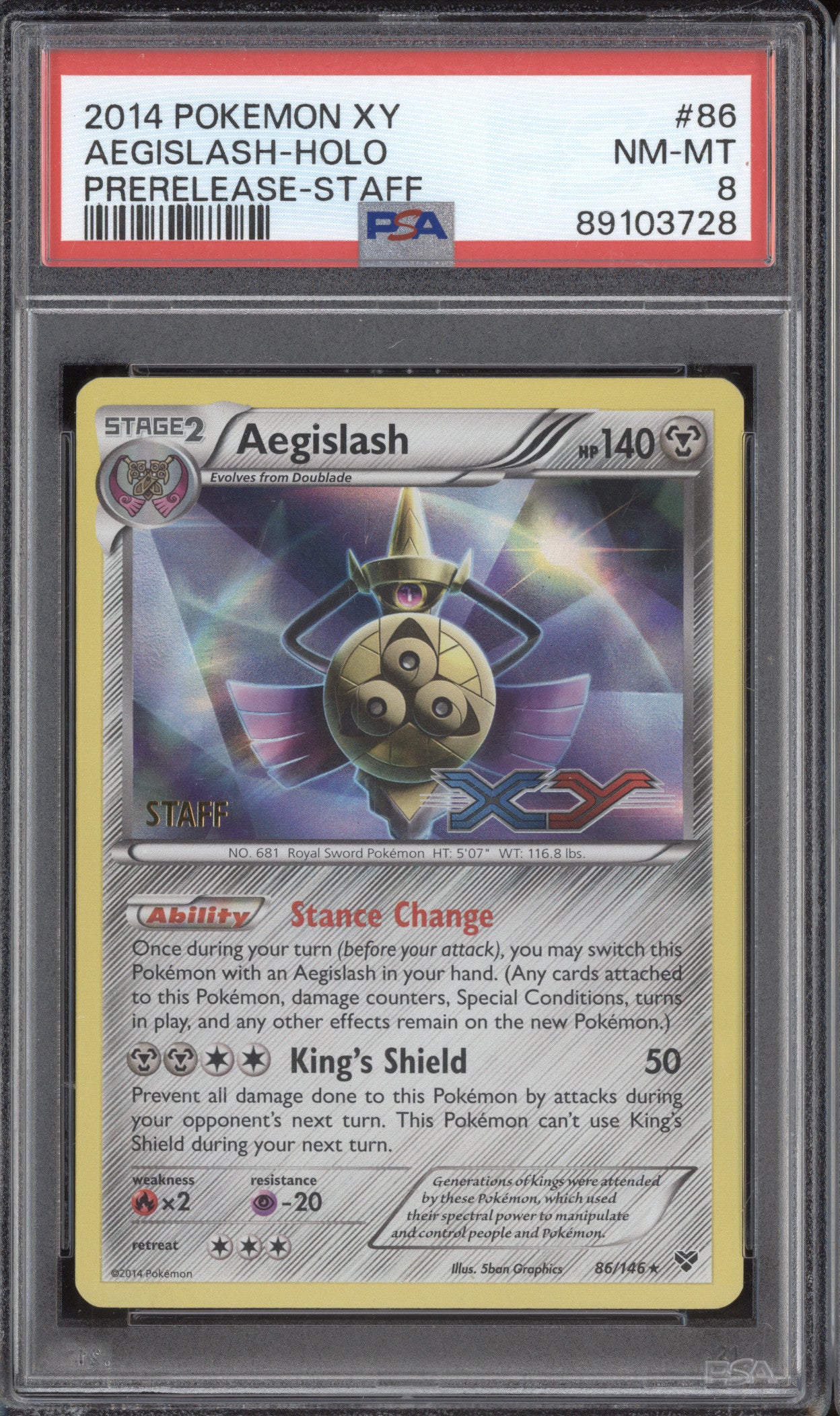 Aegislash Holo 2014 Pokemon XY 86/146 Prerelease Staff PSA 8