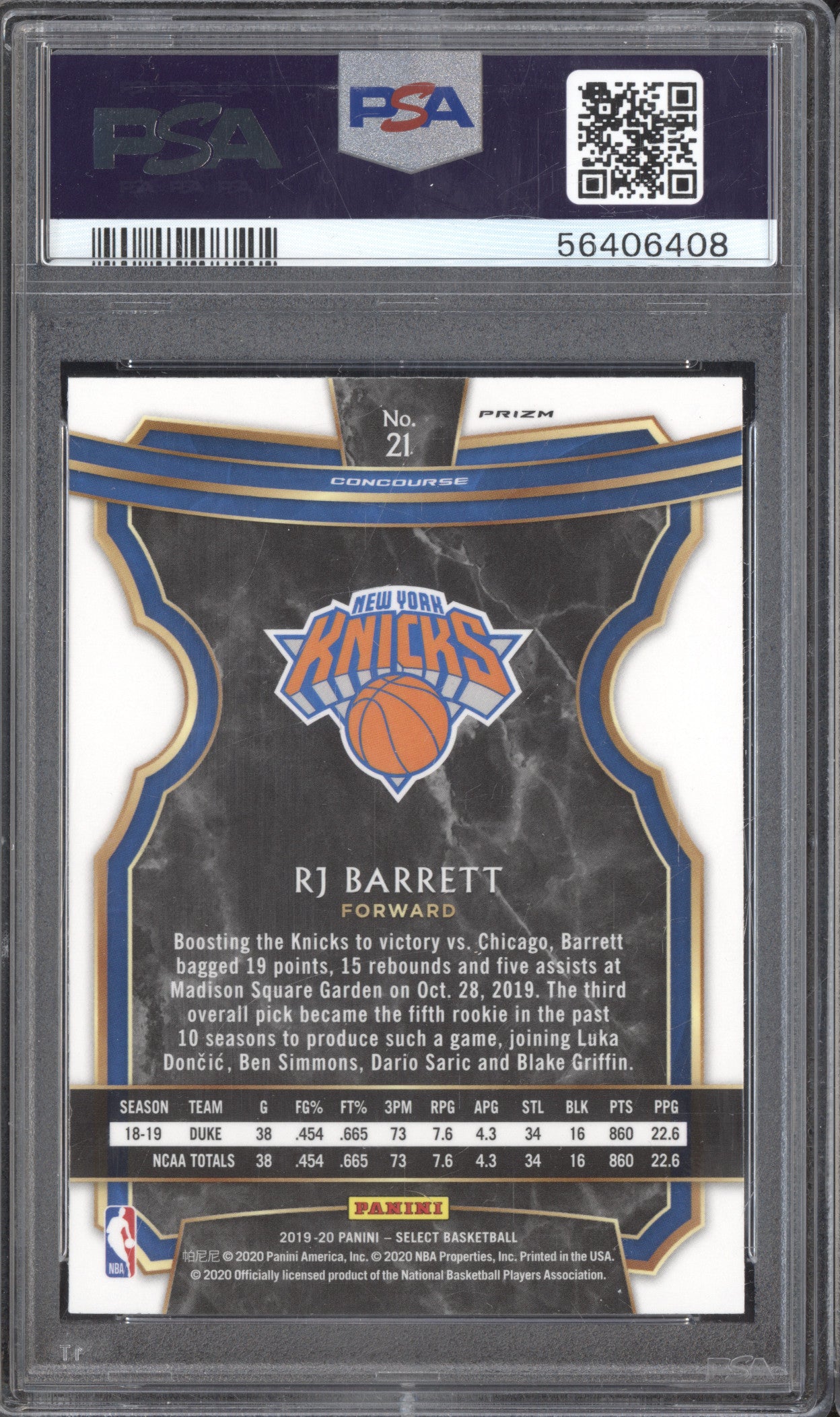 RJ Barrett 2019-20 Panini Select 21 Red Wave RC PSA 8