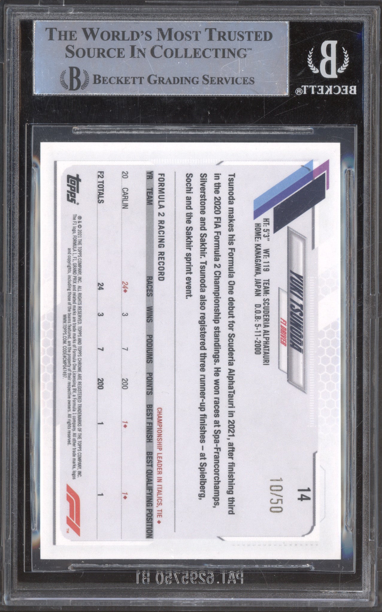 Yuki Tsunoda 2021 Topps Chrome 14 Gold Refractor RC 10/50 BGS 9