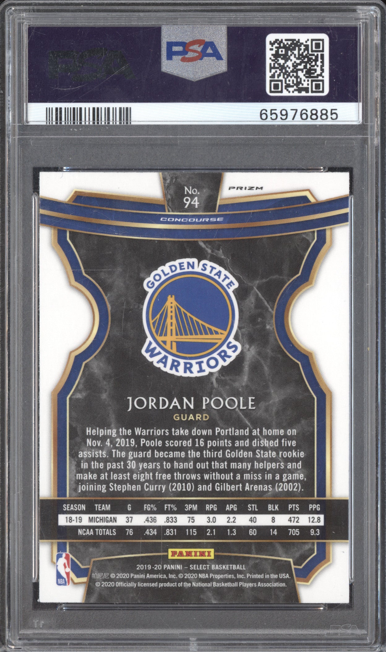 Jordan Poole 2019-20 Panini Select 94 Tri-Color RC PSA 9