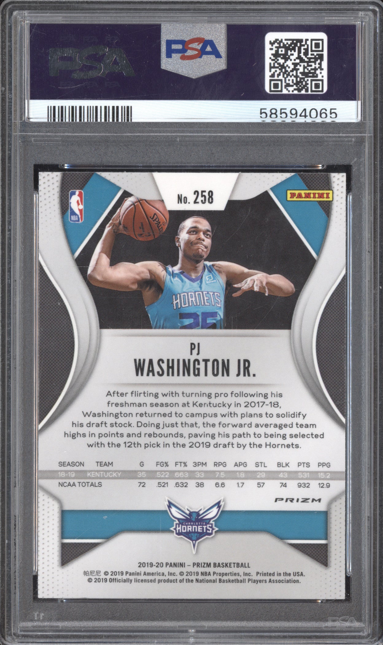 PJ Washington 2019-20 Panini Prizm 258 Ruby Wave RC PSA 10