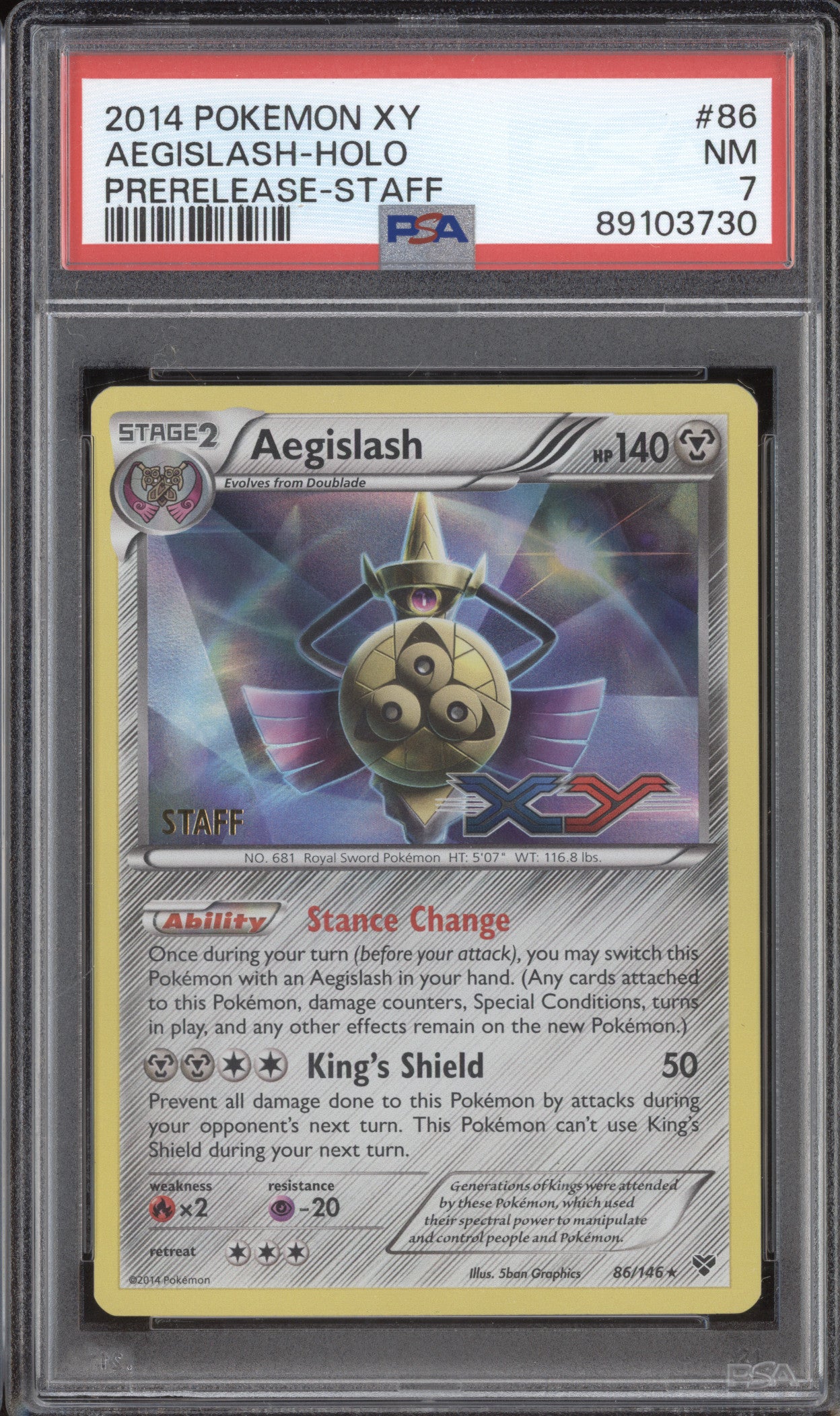 Aegislash Holo 2014 Pokemon XY 86/146 Prerelease Staff PSA 7