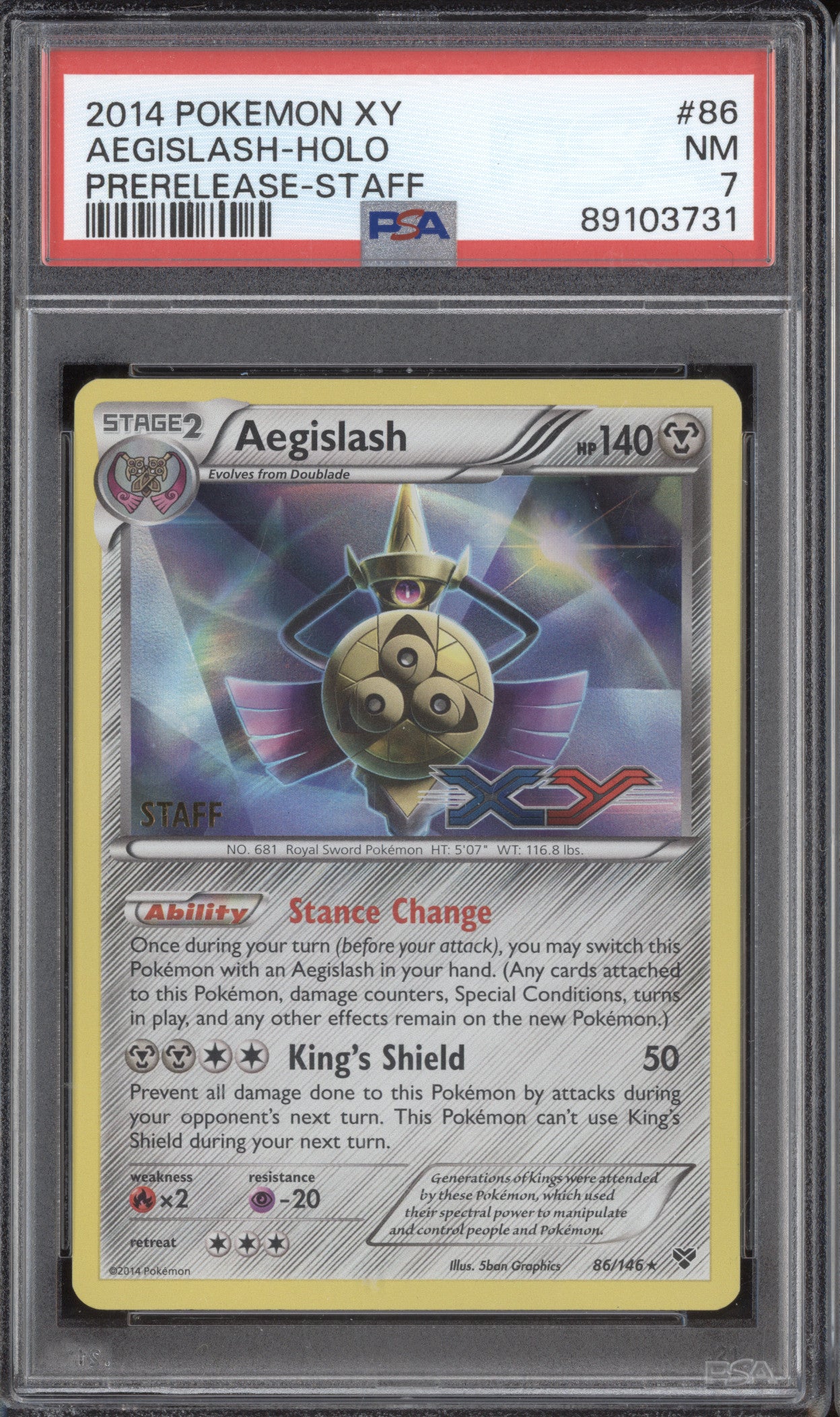 Aegislash Holo 2014 Pokemon XY 86/146 Prerelease Staff PSA 7