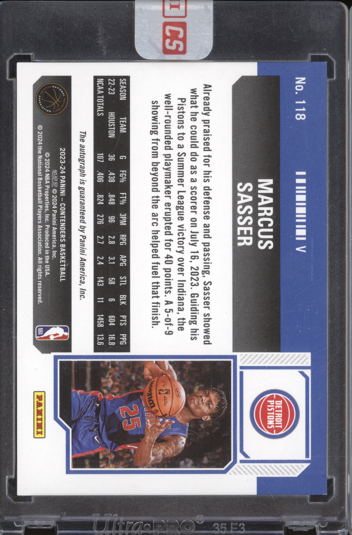 Marcus Sasser 2023-24 Panini Contenders 118 Rookie Playoff Ticket Auto RC 73/99