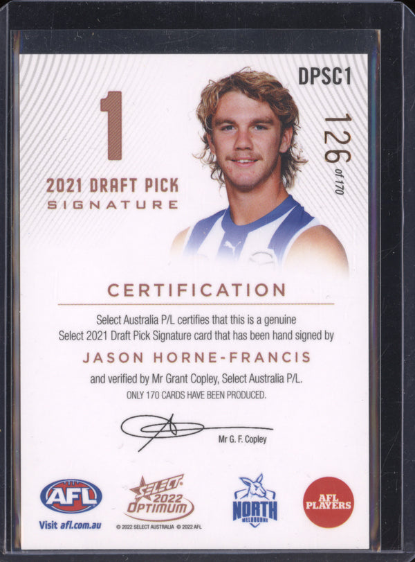 Jason Horne-Francis 2022 Select Optimum DPSC1 Draft Pick Sig Copper RC 126/170