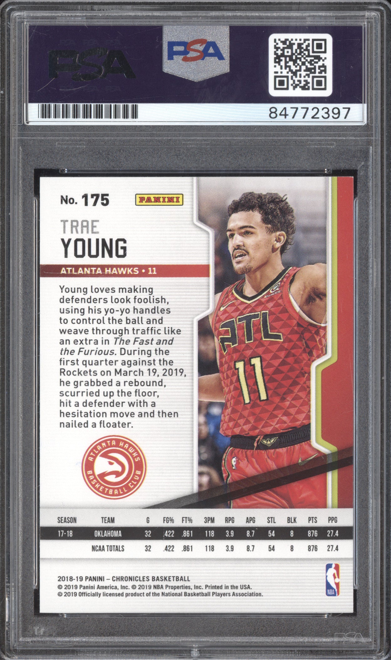 Trae Young 2018-19 Panini Chronicles 175 Playoff PSA/DNA RC PSA 10