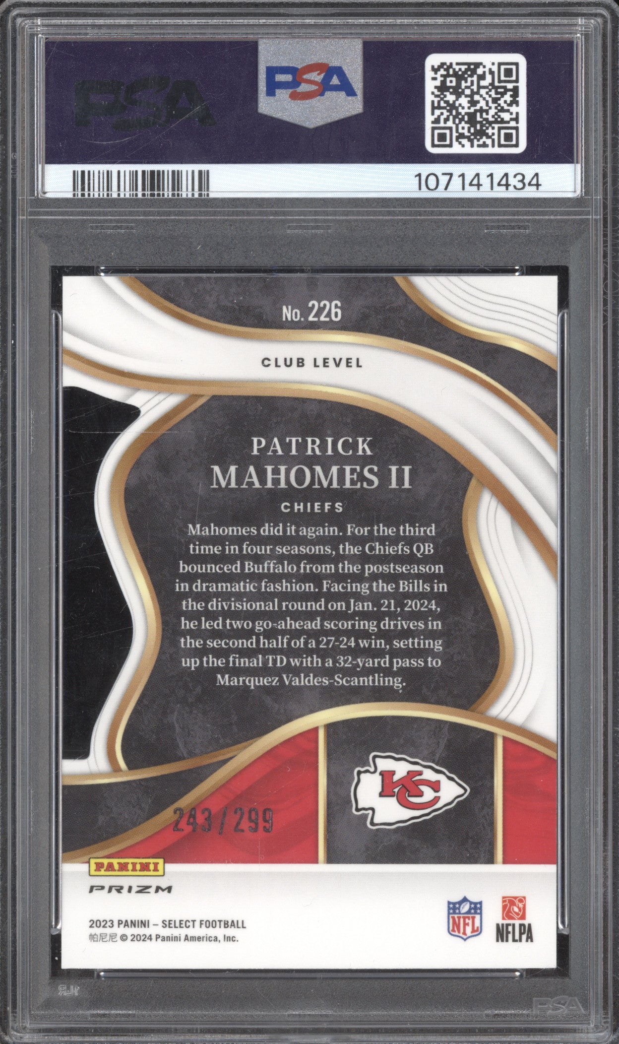 Patrick Mahomes II 2023 Panini Select 226 Die-Cut Cooper 243/299 PSA 10