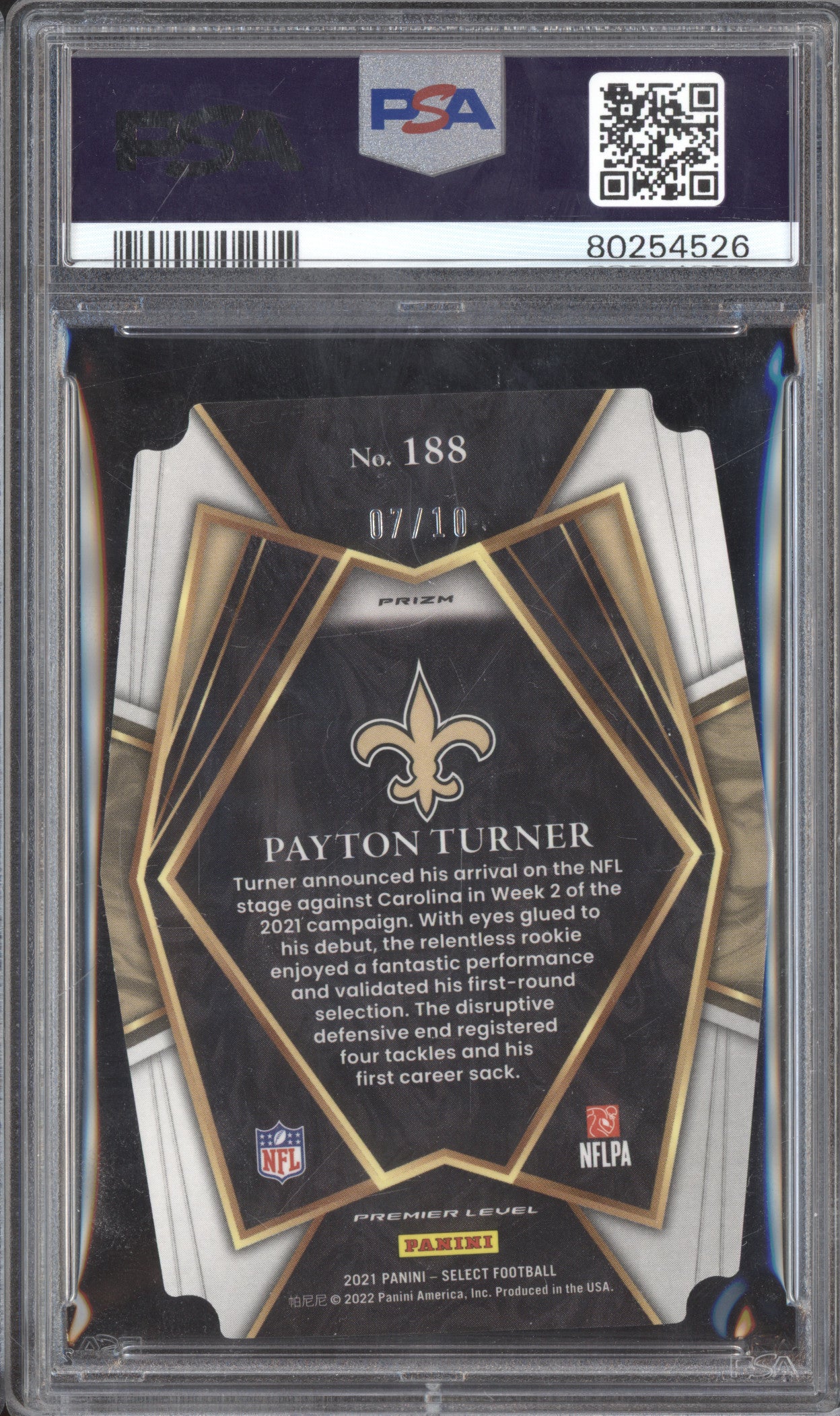 Payton Turner 2021 Panini Select 188 Die-Cut Gold RC 7/10 PSA 8