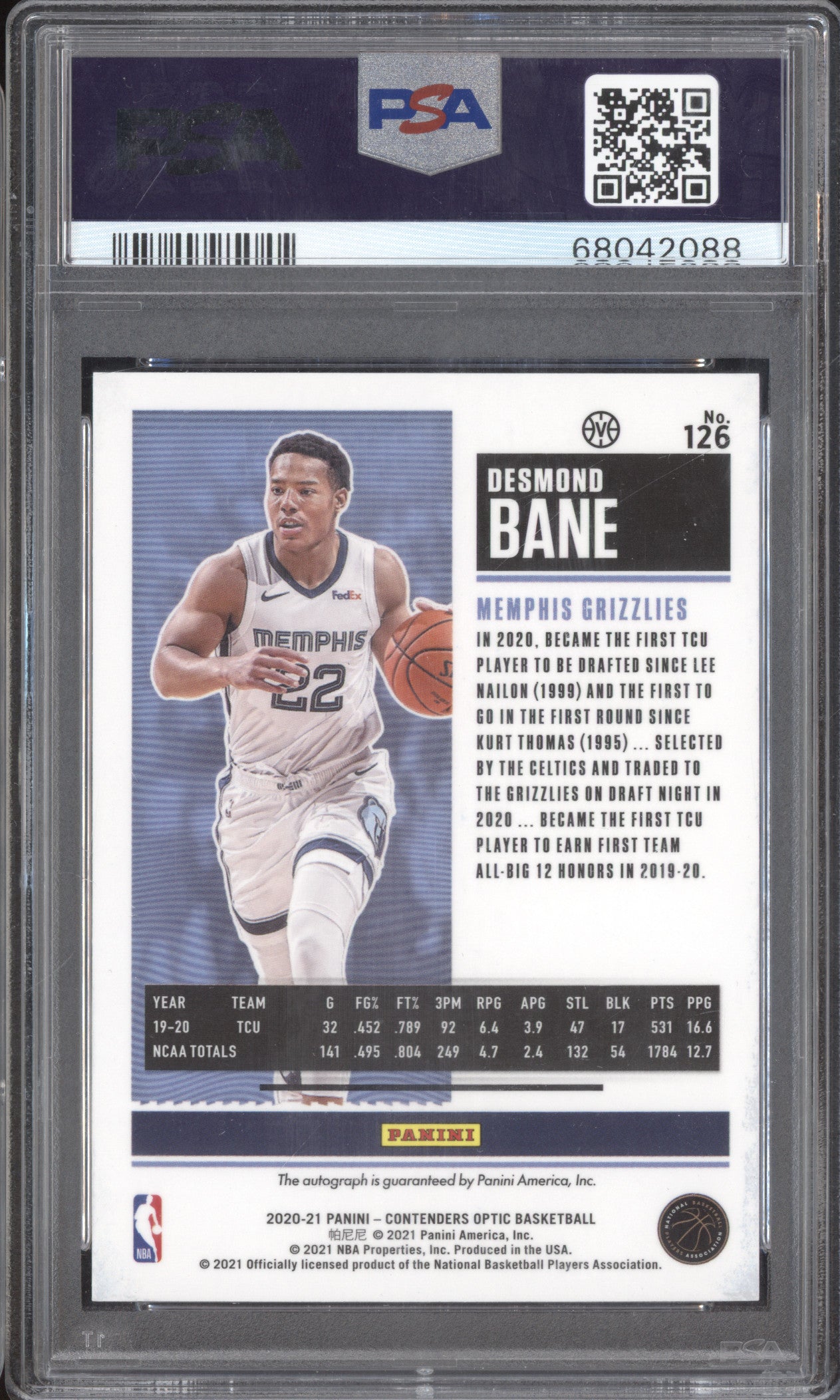 Desmond Bane 2020-21 Panini Contenders Optic 126 Variation Autograph RC PSA 10