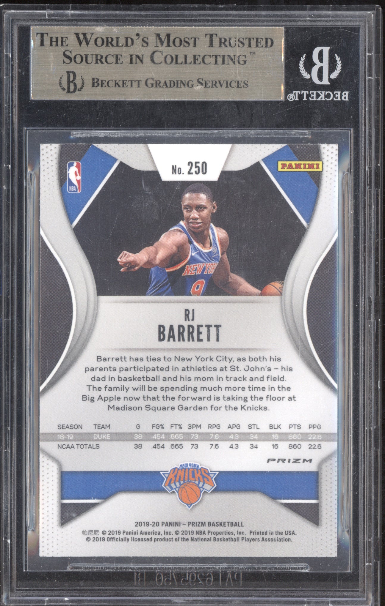 RJ Barrett 2019-20 Panini Prizm 250 Silver RC BGS 9.5