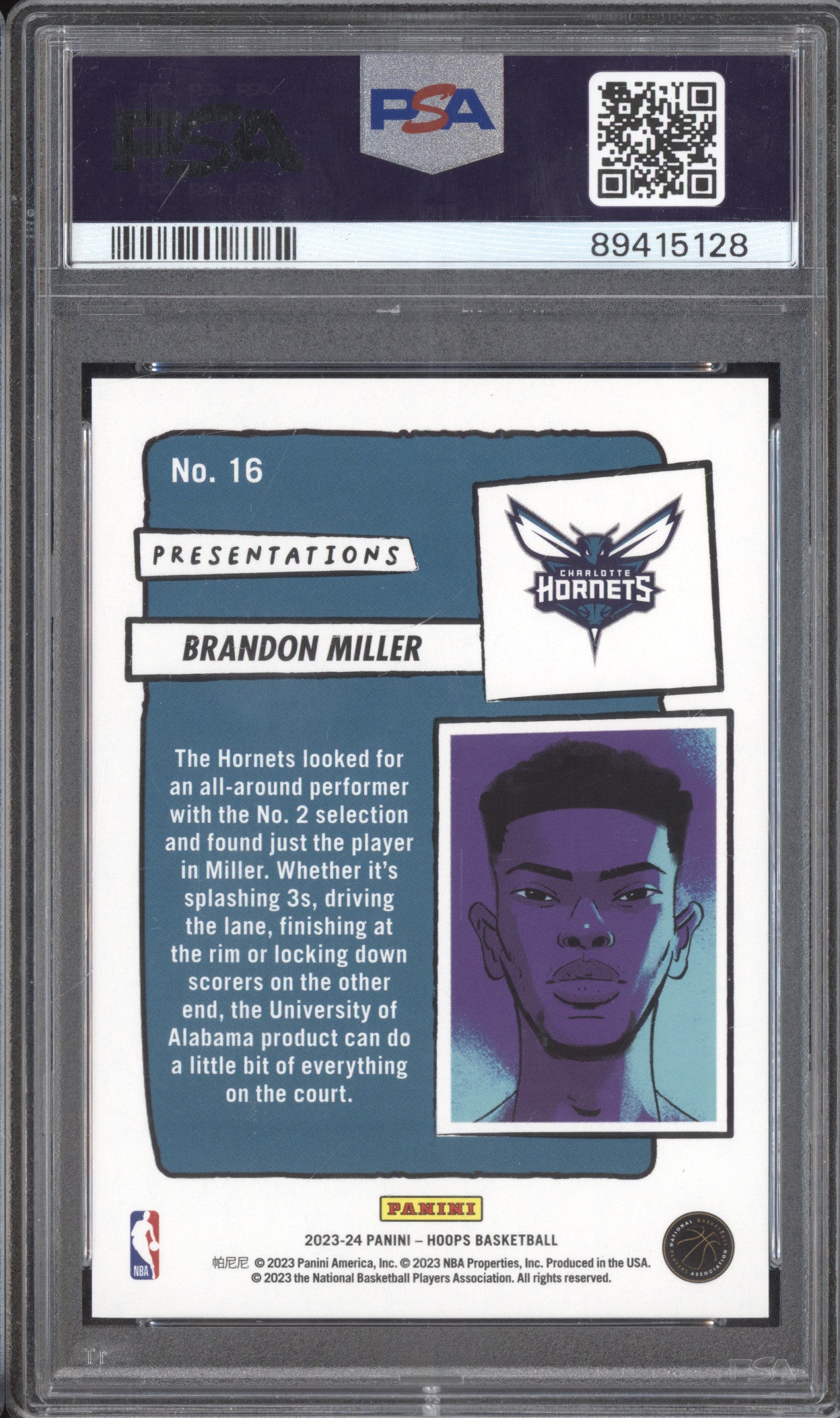 Brandon Miller 2023-24 Panini Hoops 16 Presentations RC PSA 10