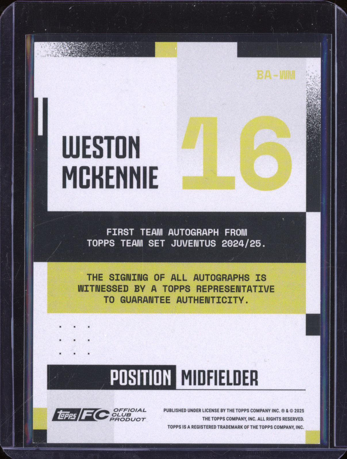 Weston Mckennie 2024-25 Topps Team Set Juventus FC BA-WM Autograph Blue 129/250